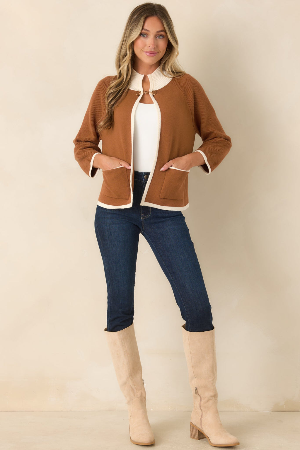 That Should Do It Brown Contrast Trim Horsebit Cardigan