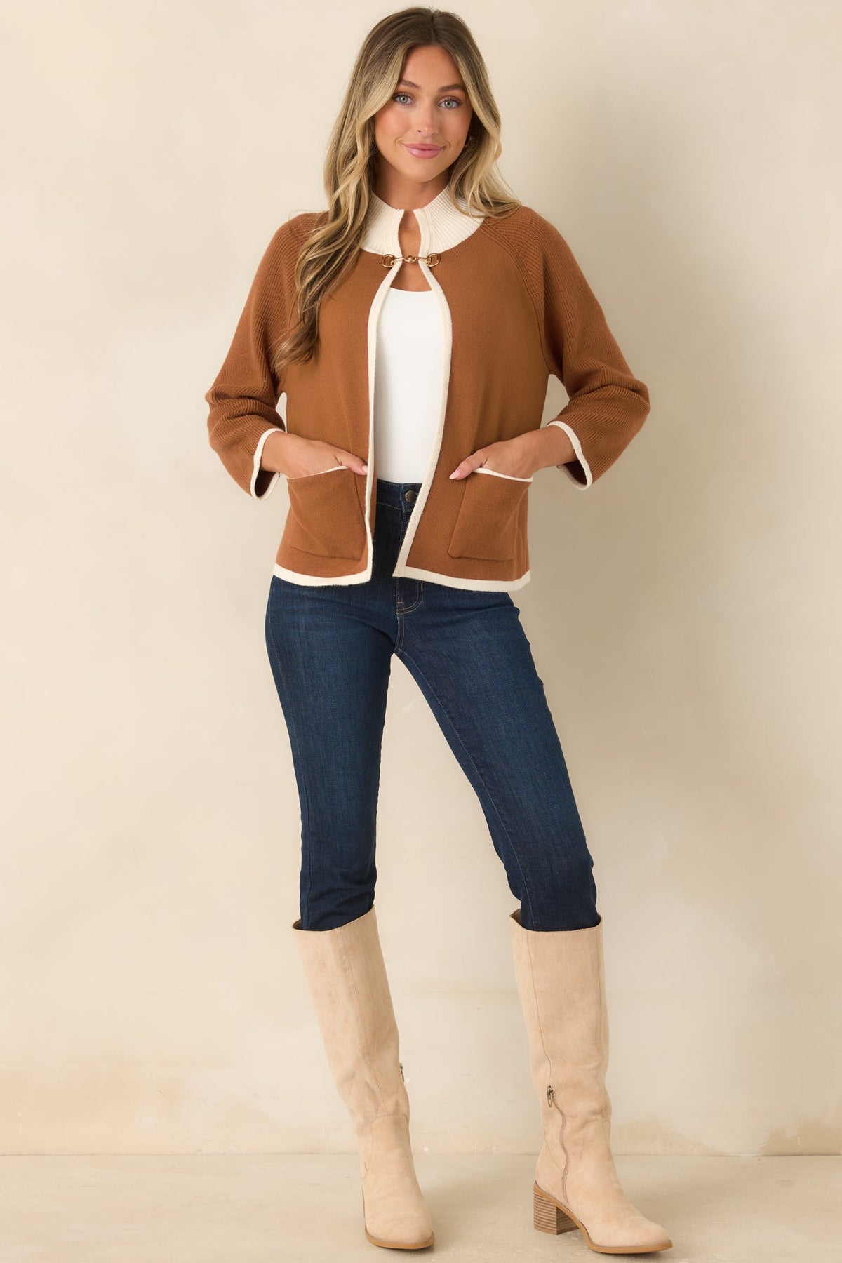 That Should Do It Brown Contrast Trim Horsebit Cardigan