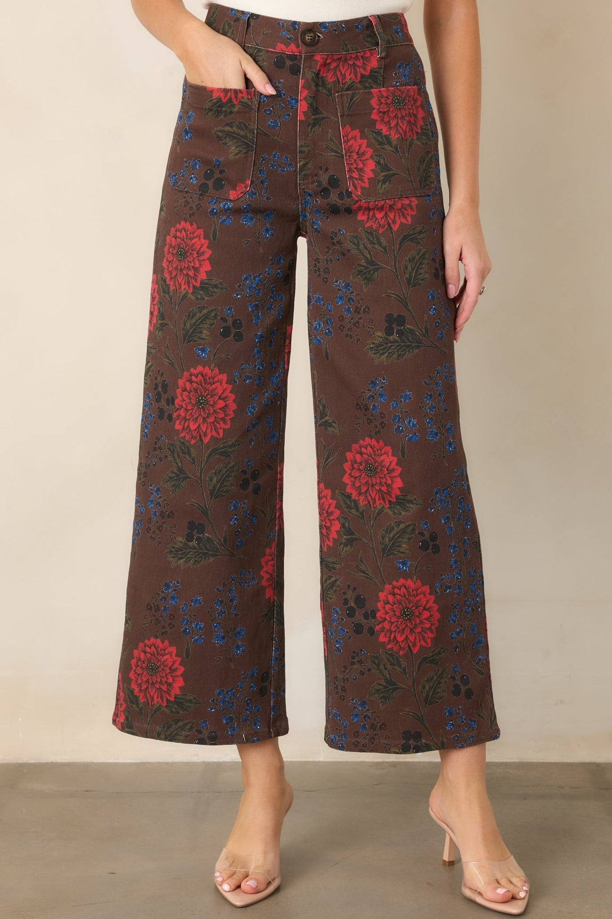Picked for a Reason Brown Multi Floral Cotton Cropped Wide Leg Pants