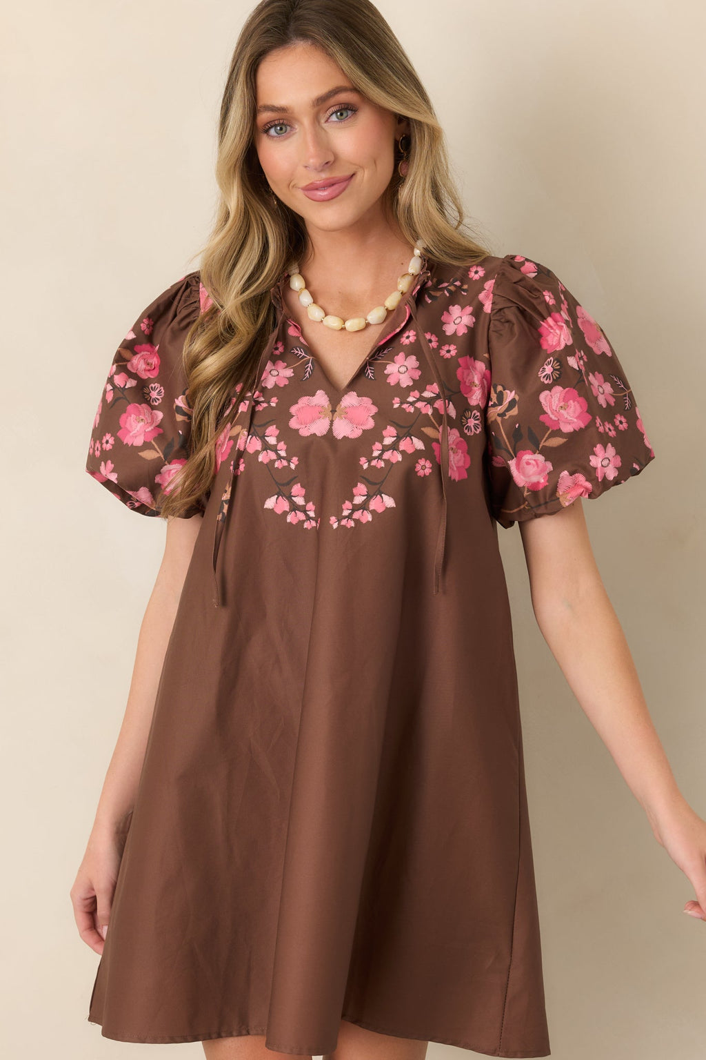 Pretty Particular Brown & Pink Floral Cotton Mini Dress
