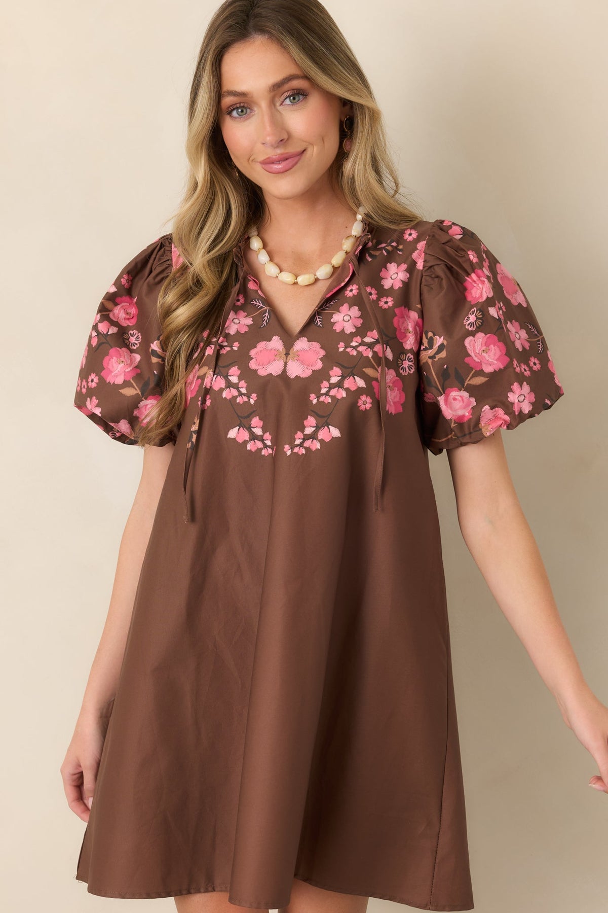 Pretty Particular Brown & Pink Floral Cotton Mini Dress
