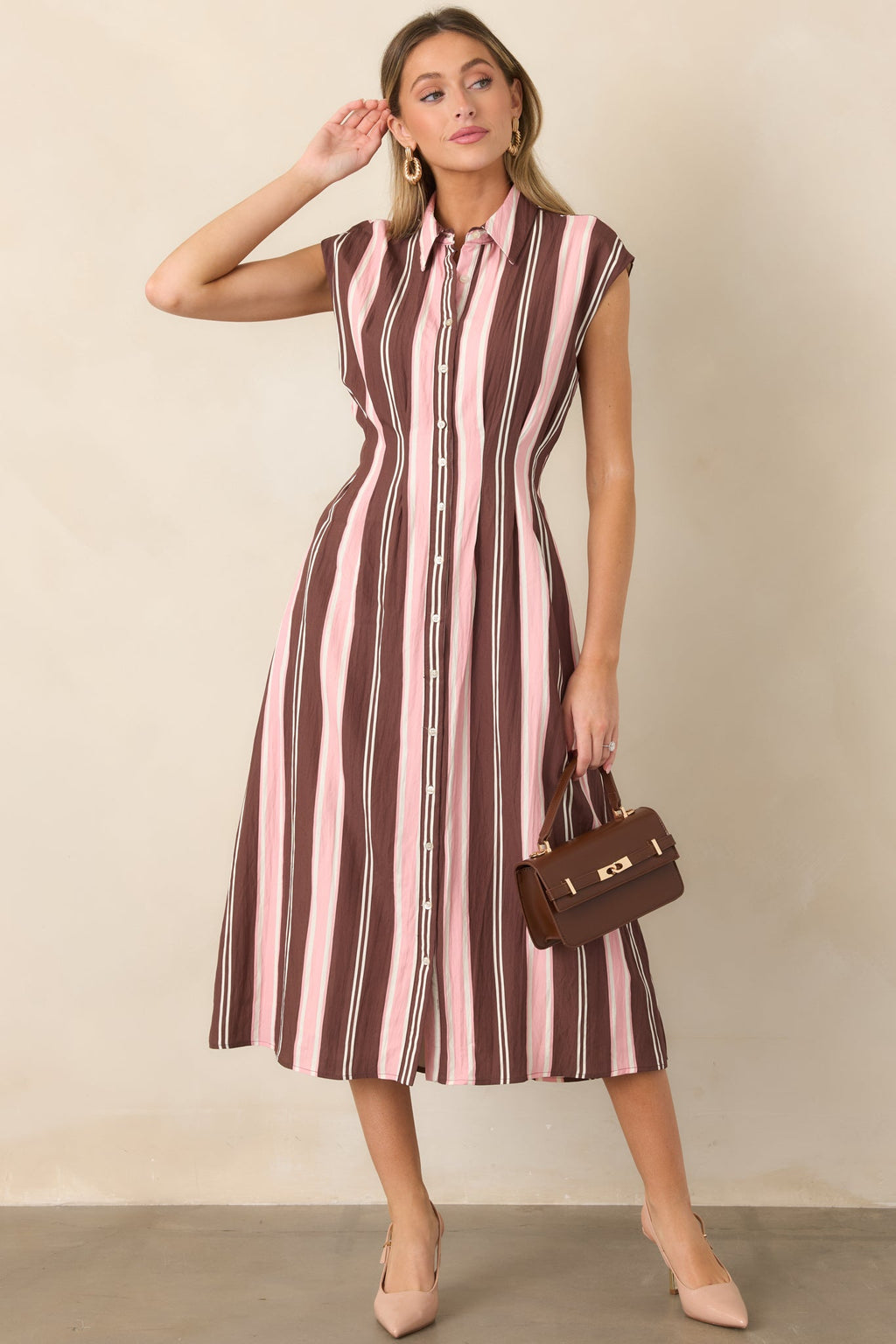 Coffee & Conversation Brown & Pink Stripe Midi Shirt Dress