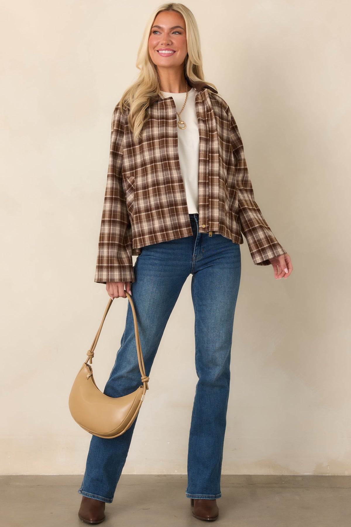 Winding Roads Brown Plaid Zip Up Jacket
