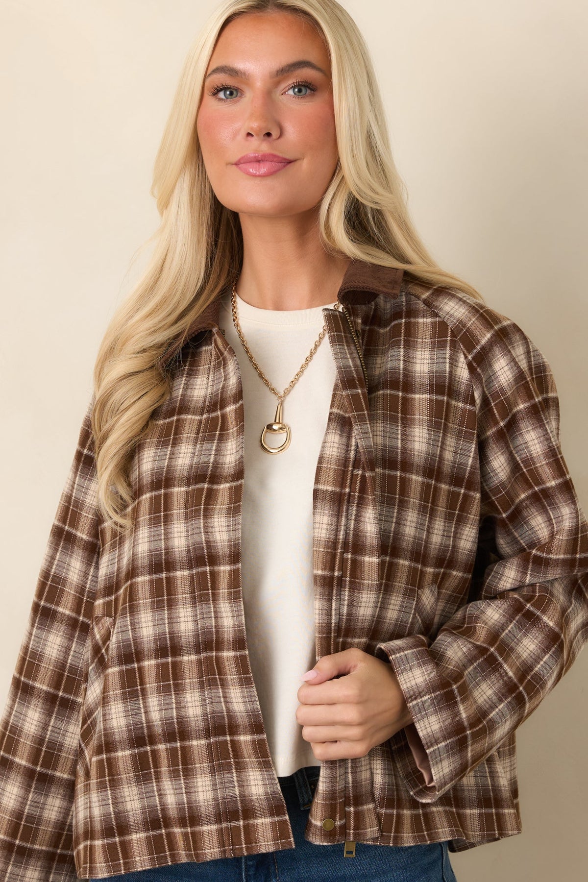 Winding Roads Brown Plaid Zip Up Jacket