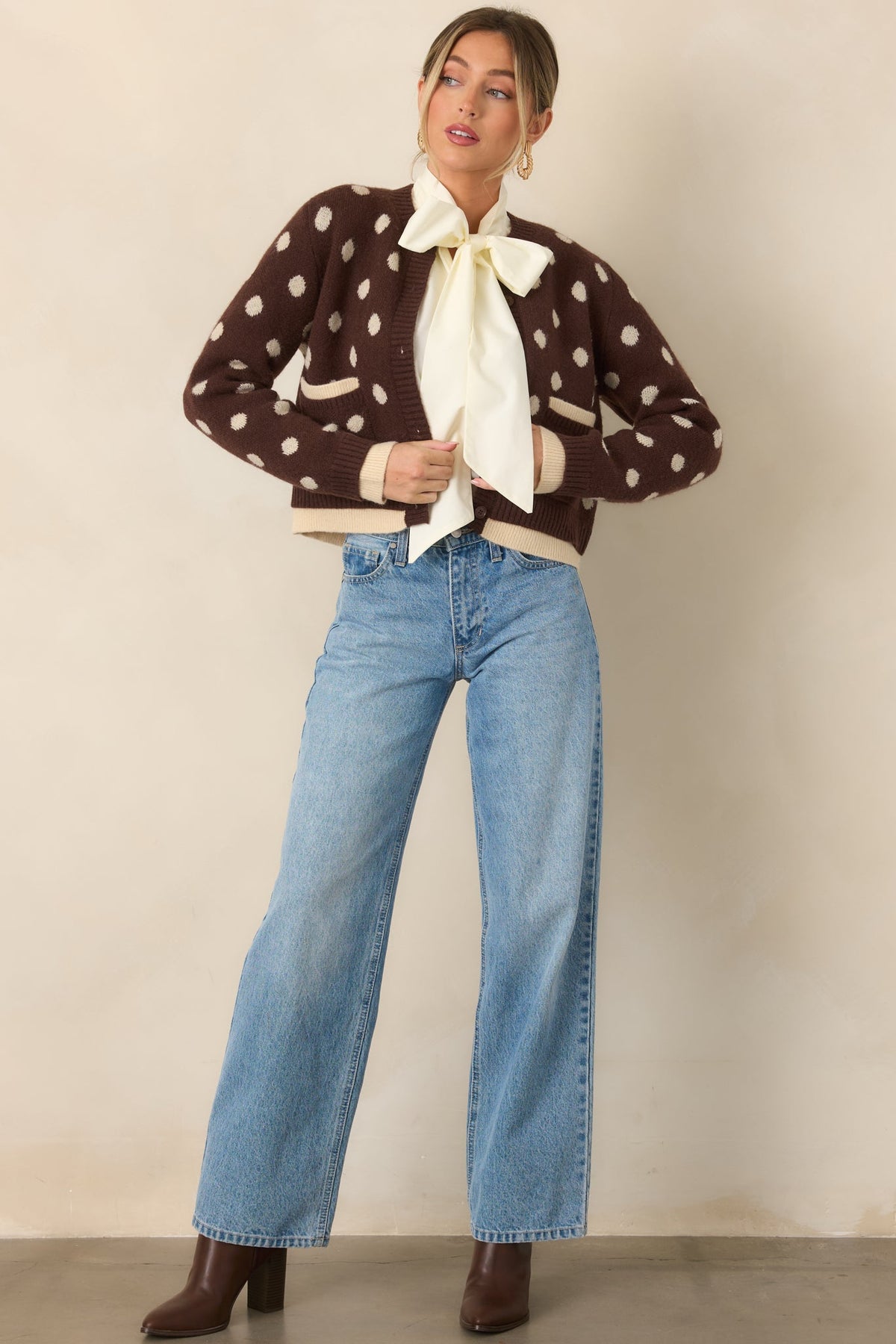 Put On the Spot Brown & Ivory Polka Dot Cardigan