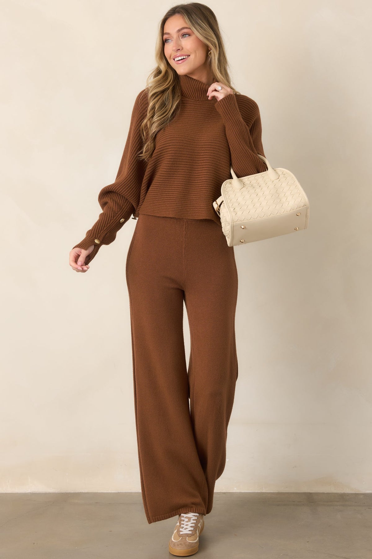 Polished Path Brown Ribbed Batwing Cropped Turtleneck Sweater