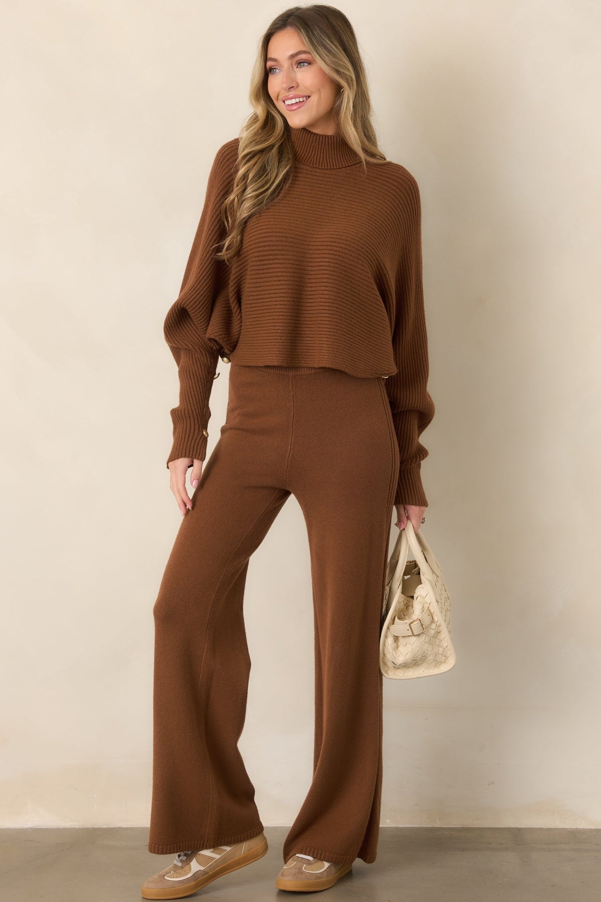 Polished Path Brown Ribbed Batwing Cropped Turtleneck Sweater