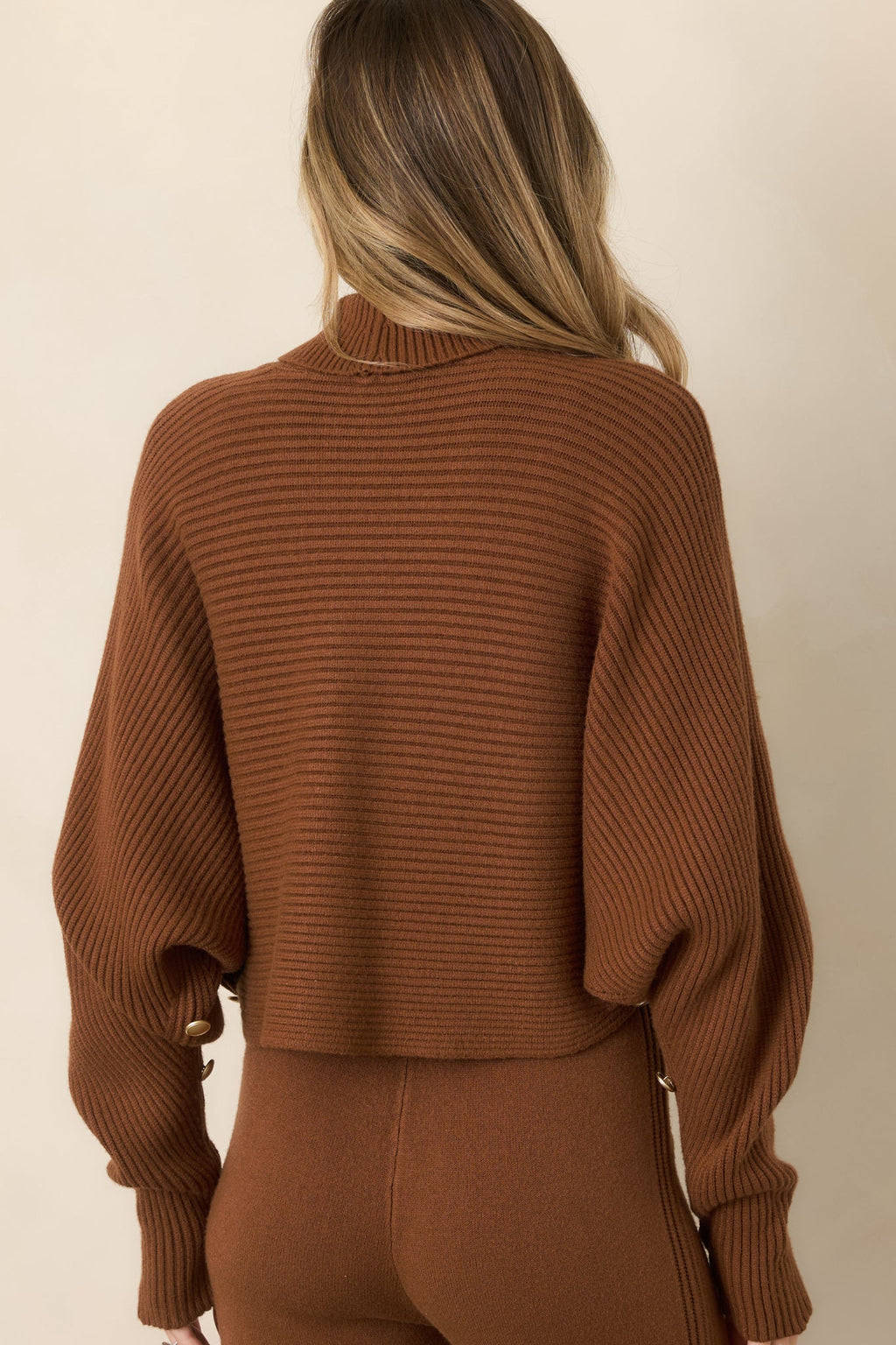 Polished Path Brown Ribbed Batwing Cropped Turtleneck Sweater
