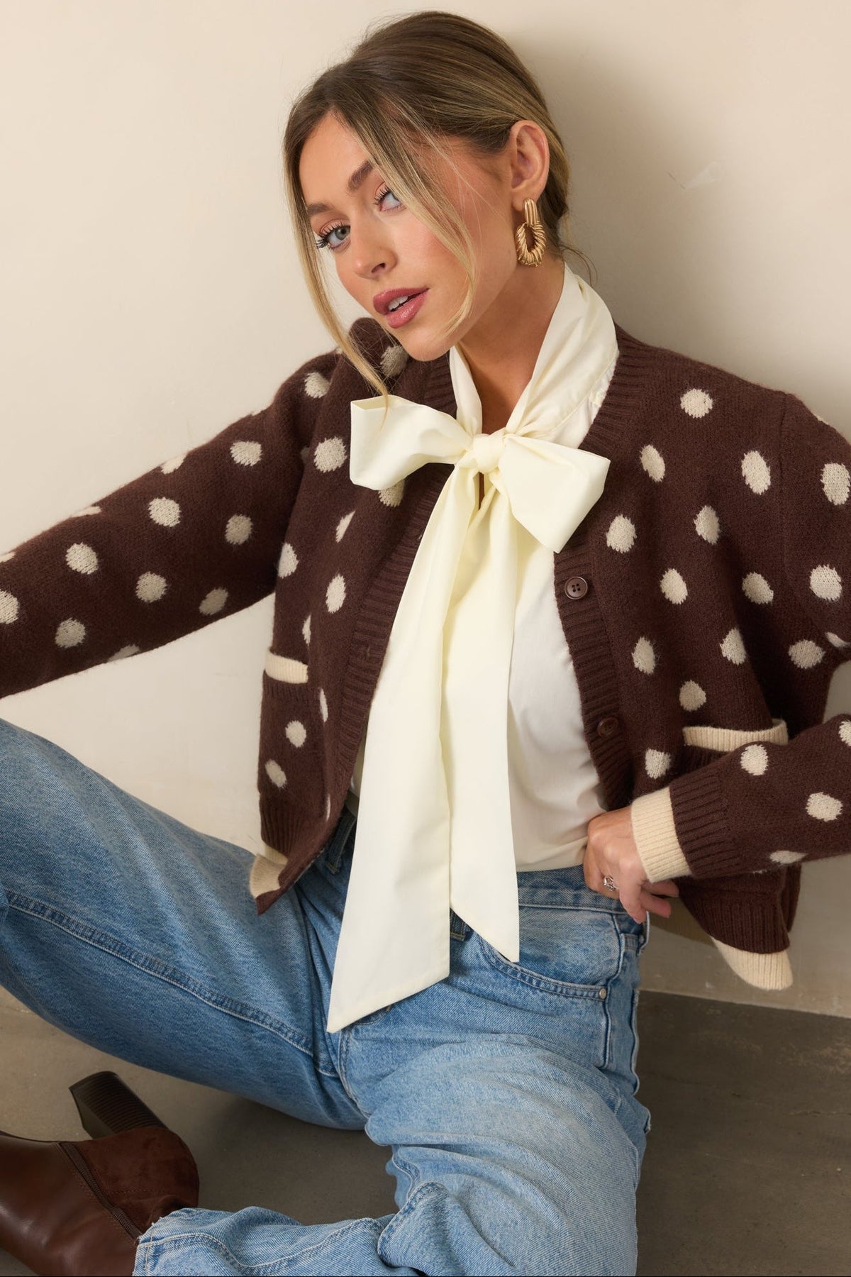 Put On the Spot Brown & Ivory Polka Dot Cardigan