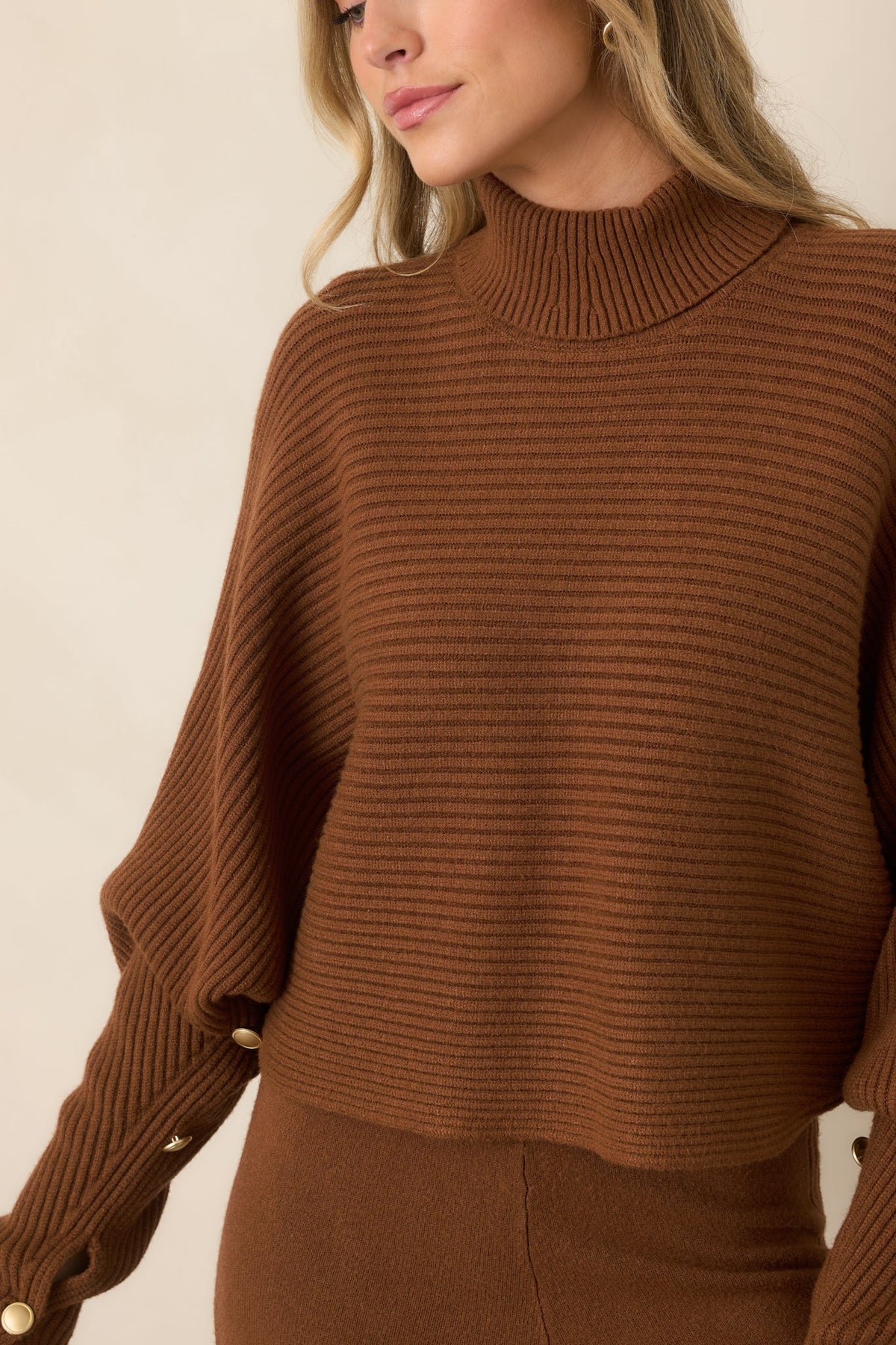 Polished Path Brown Ribbed Batwing Cropped Turtleneck Sweater