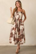 Poetry of the Season Ivory & Brown Floral Pleated Cotton Midi Dress