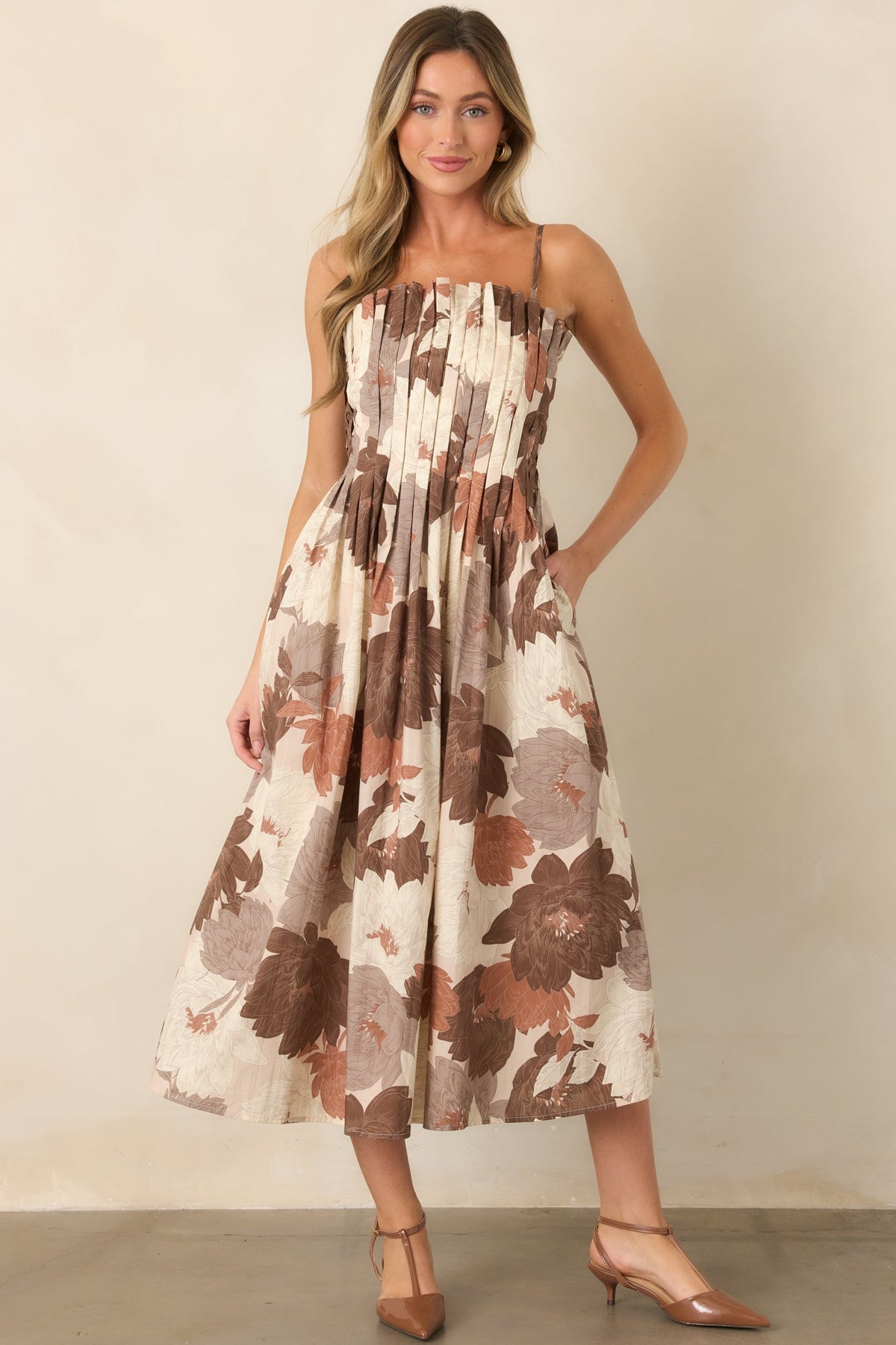 Poetry of the Season Ivory & Brown Floral Pleated Cotton Midi Dress