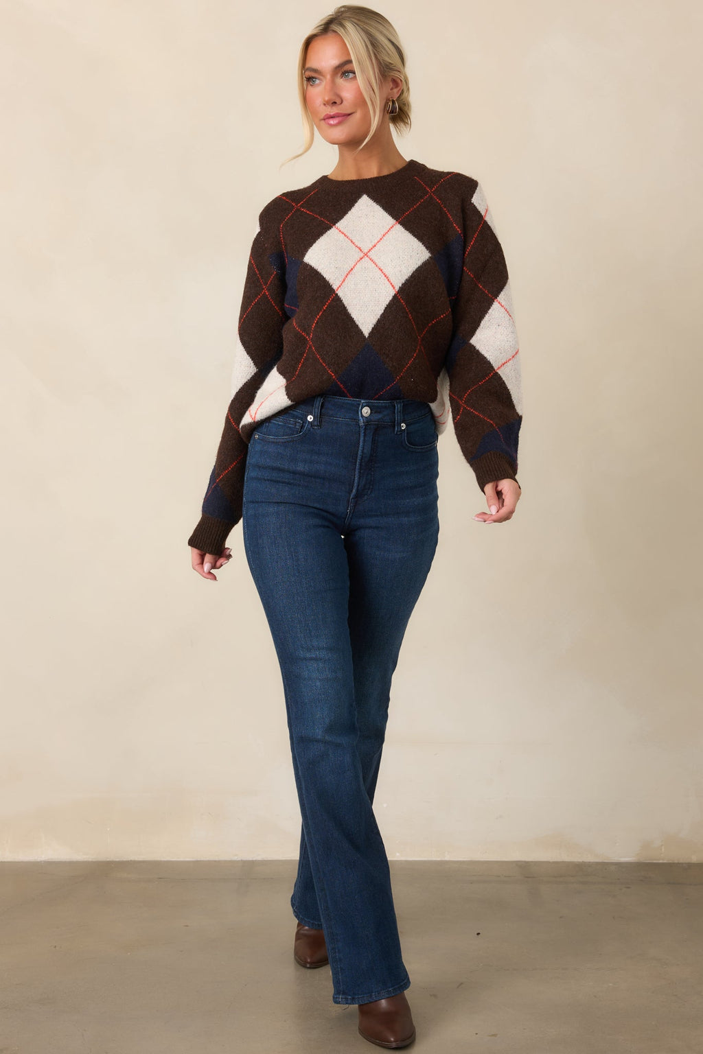 It All Checks Out Brown Multi Argyle Crewneck Sweater