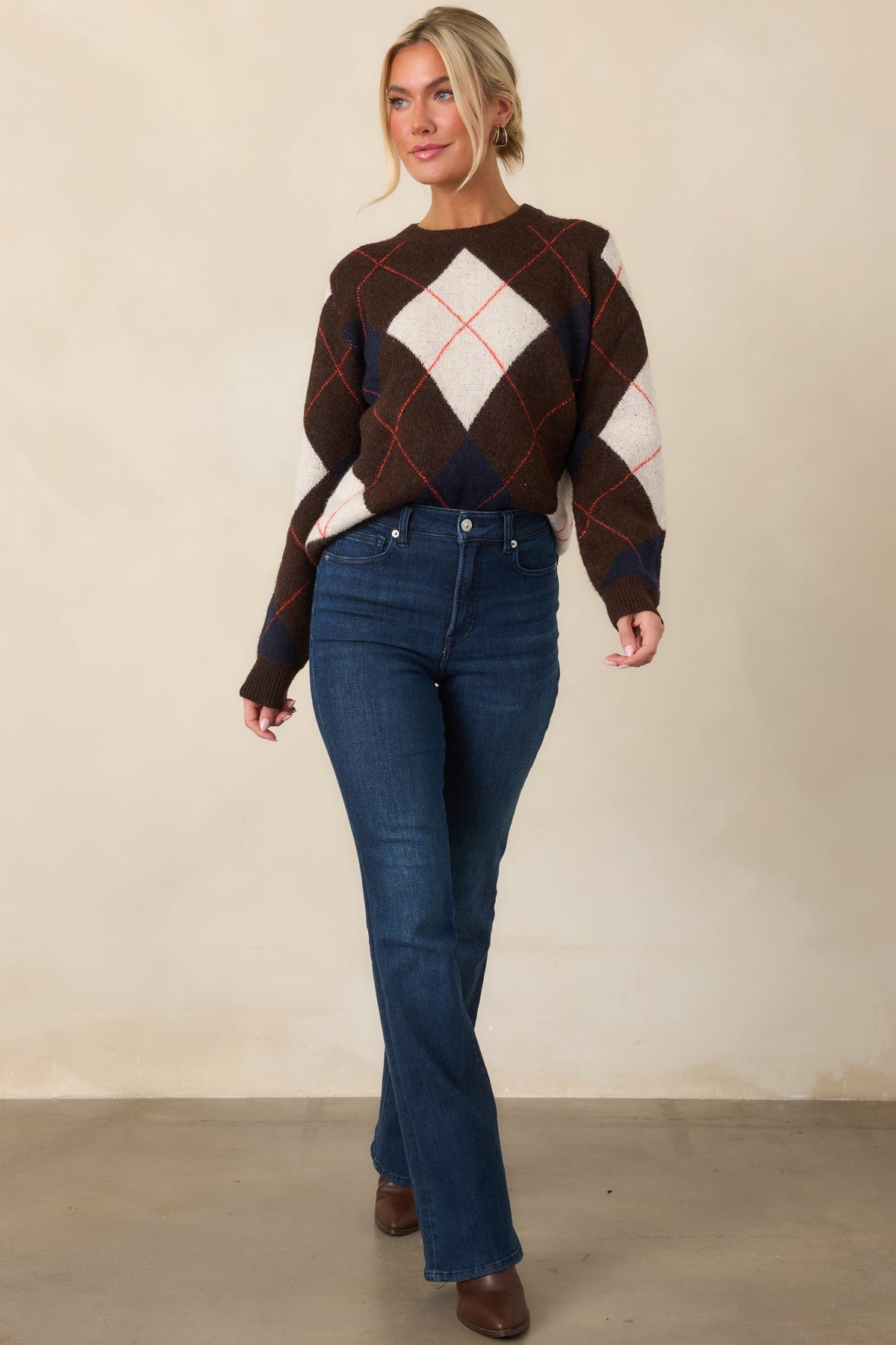 It All Checks Out Brown Multi Argyle Crewneck Sweater