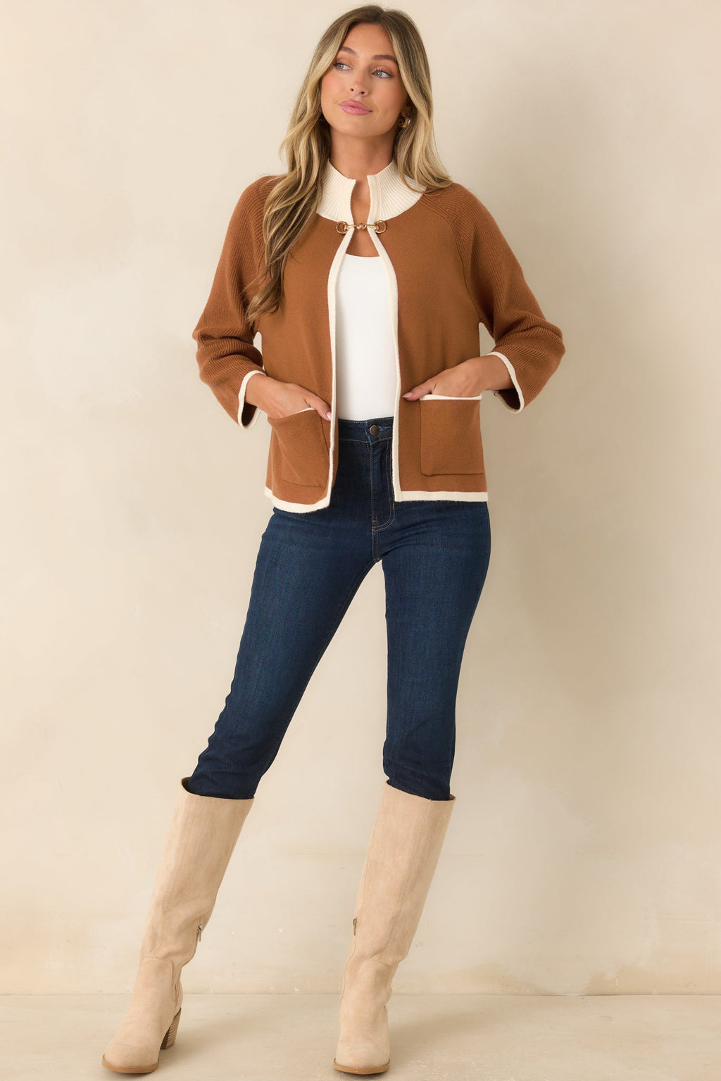 That Should Do It Brown Contrast Trim Horsebit Cardigan