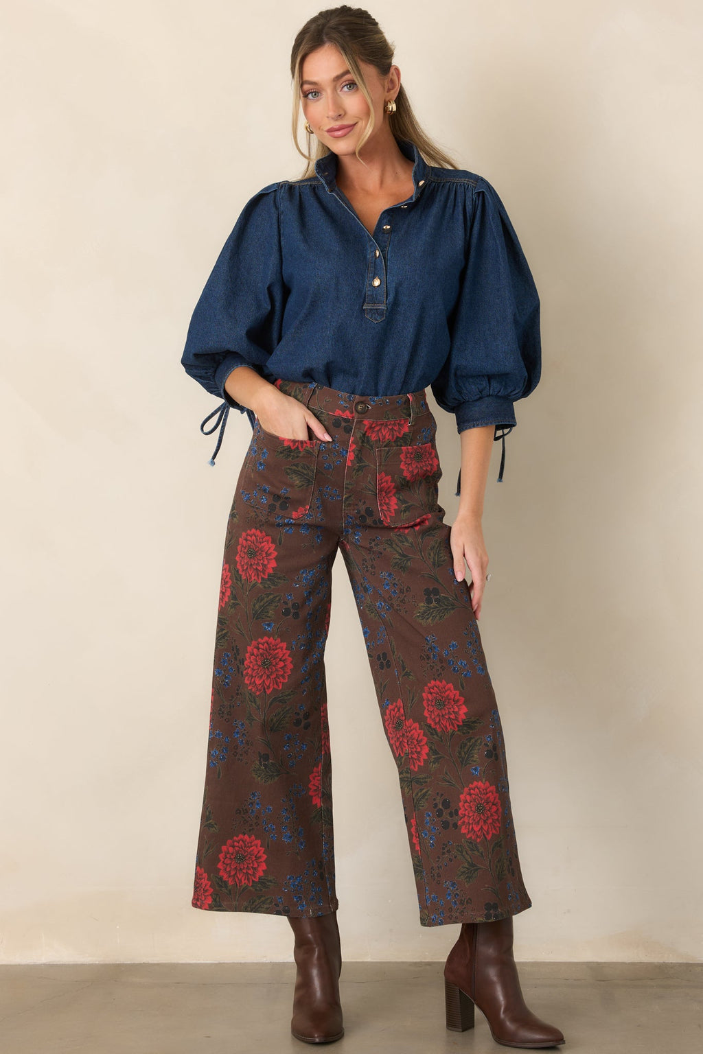 Picked for a Reason Brown Multi Floral Cotton Cropped Wide Leg Pants
