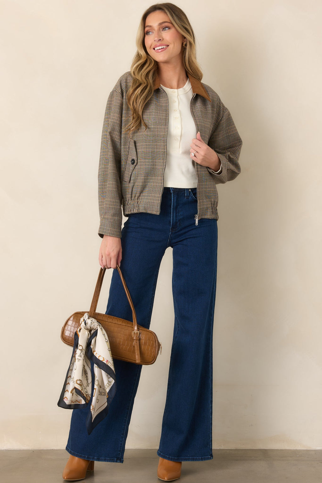 Riding Club Brown Multi Plaid Bomber Jacket