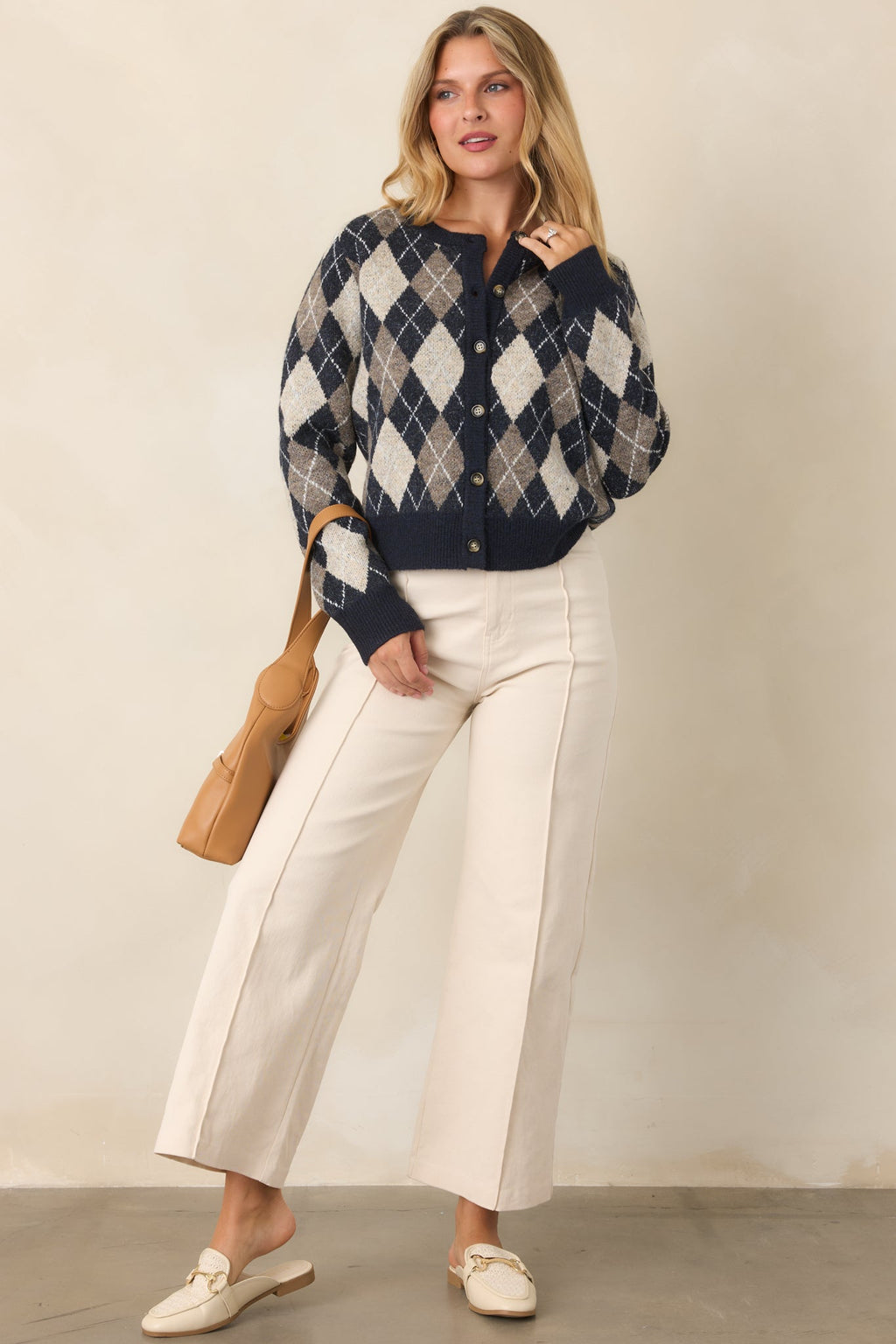 First in Class Navy Multi Argyle Knit Cardigan