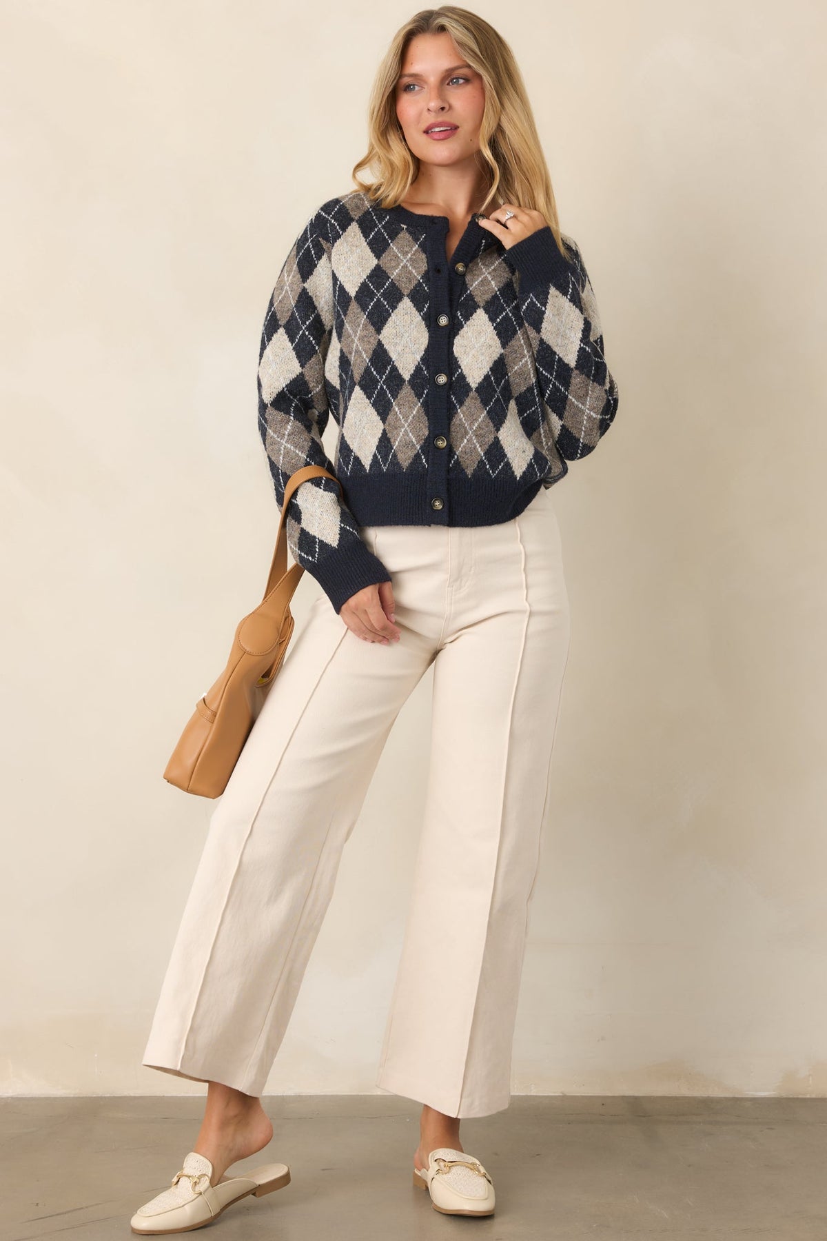 First in Class Navy Multi Argyle Knit Cardigan