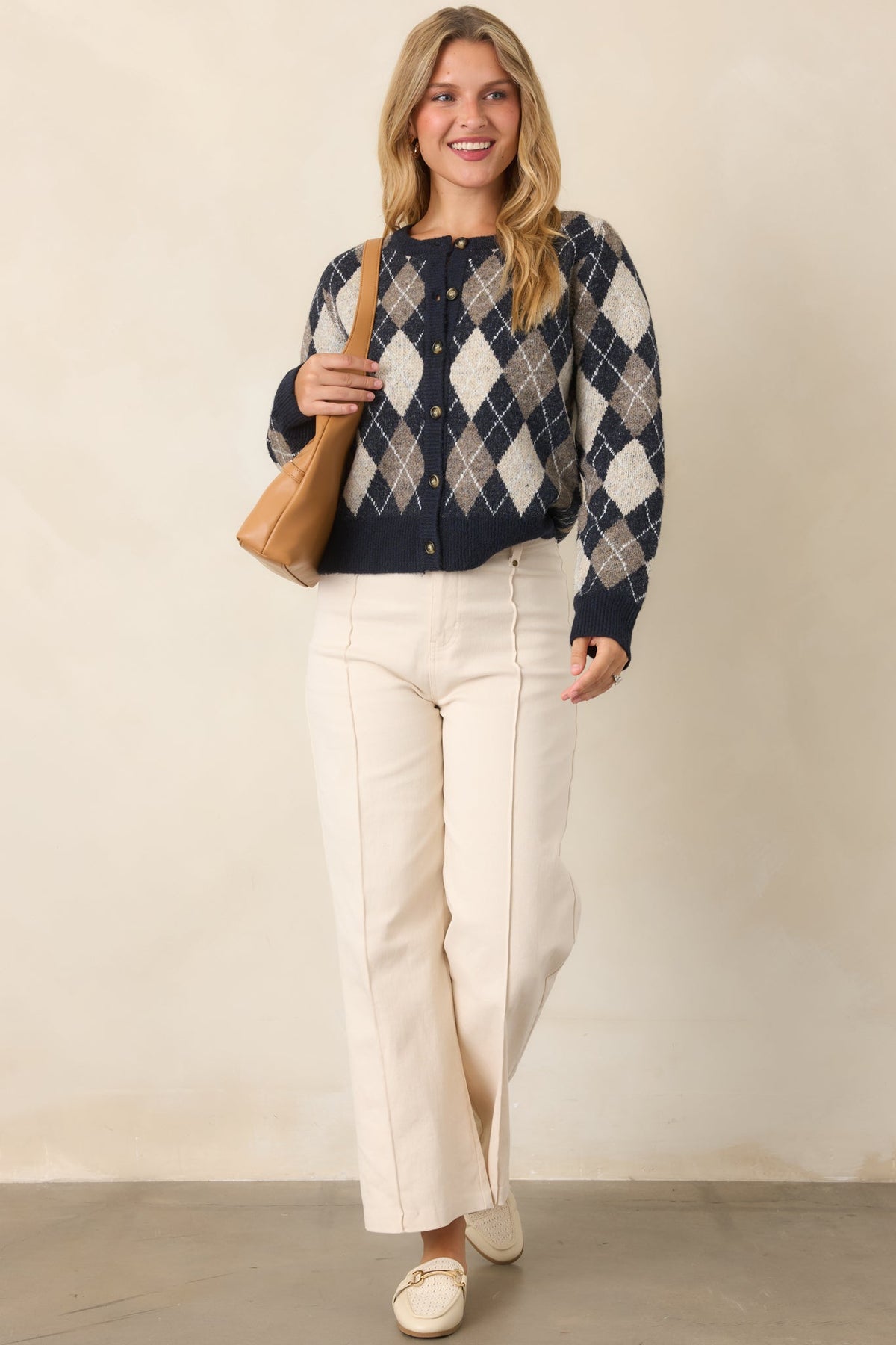 First in Class Navy Multi Argyle Knit Cardigan