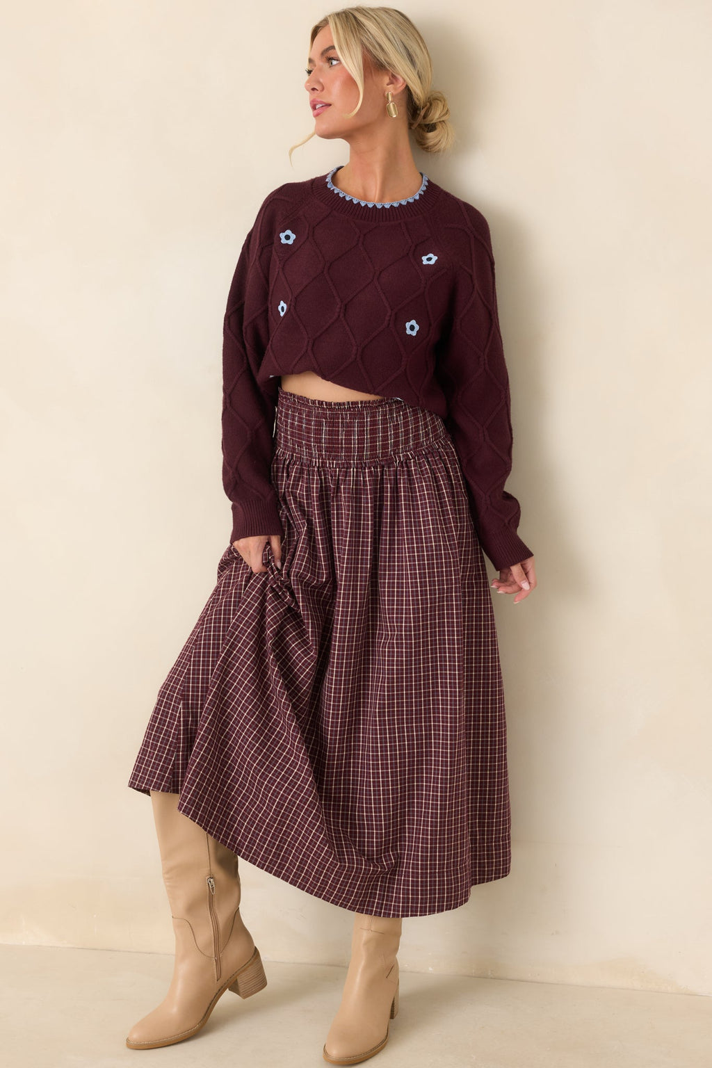 In Blooming Detail Burgundy Floral Textured Sweater