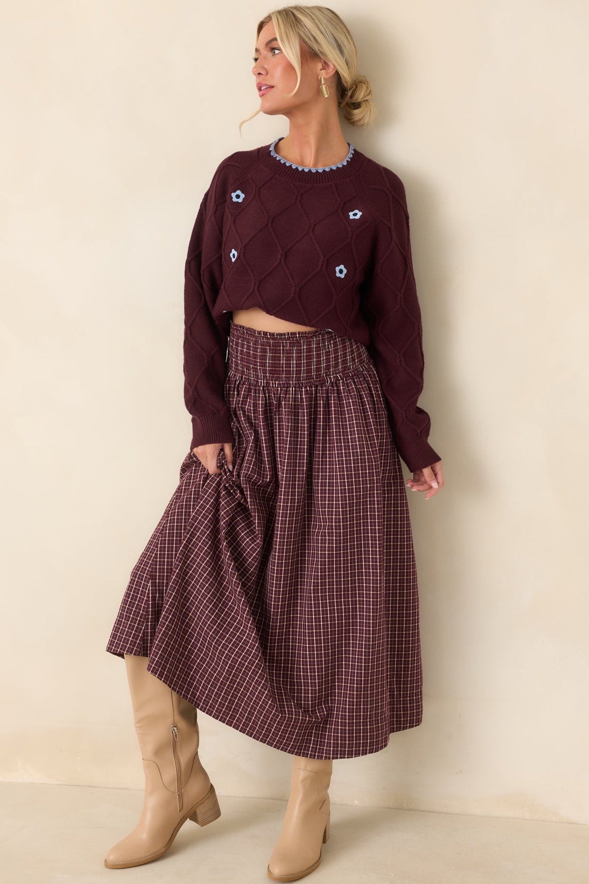 In Blooming Detail Burgundy Floral Textured Sweater