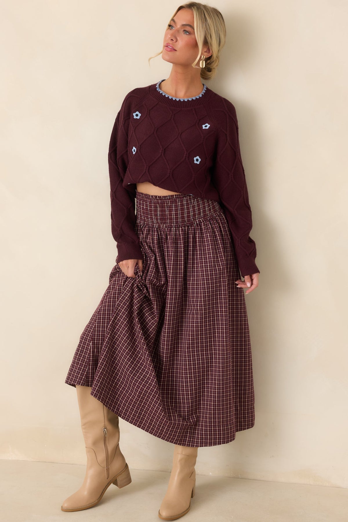 In Blooming Detail Burgundy Floral Textured Sweater