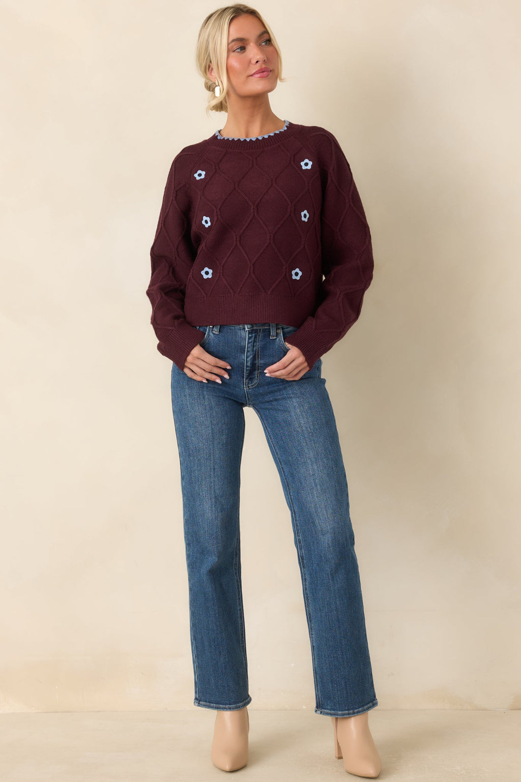 In Blooming Detail Burgundy Floral Textured Sweater