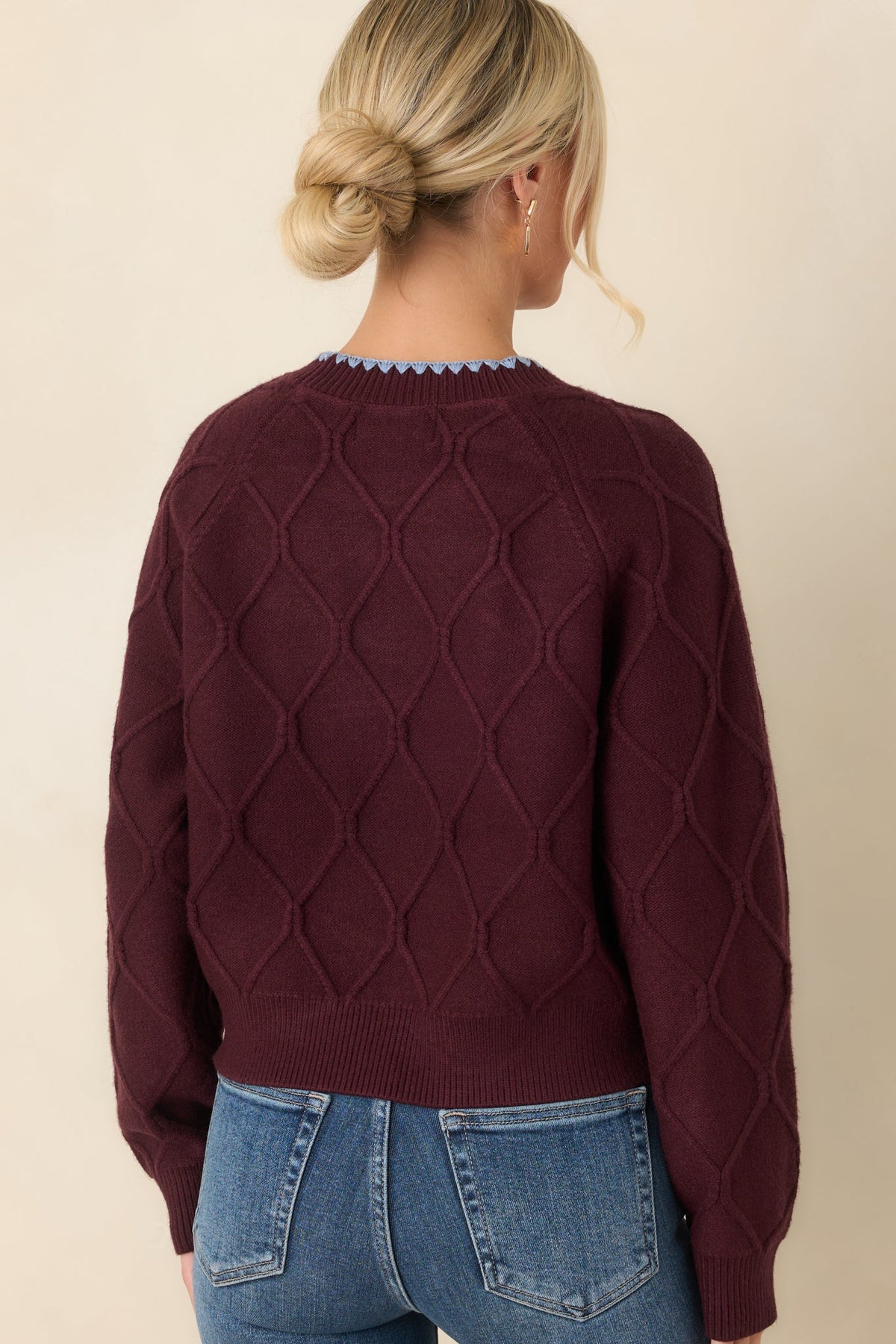 In Blooming Detail Burgundy Floral Textured Sweater