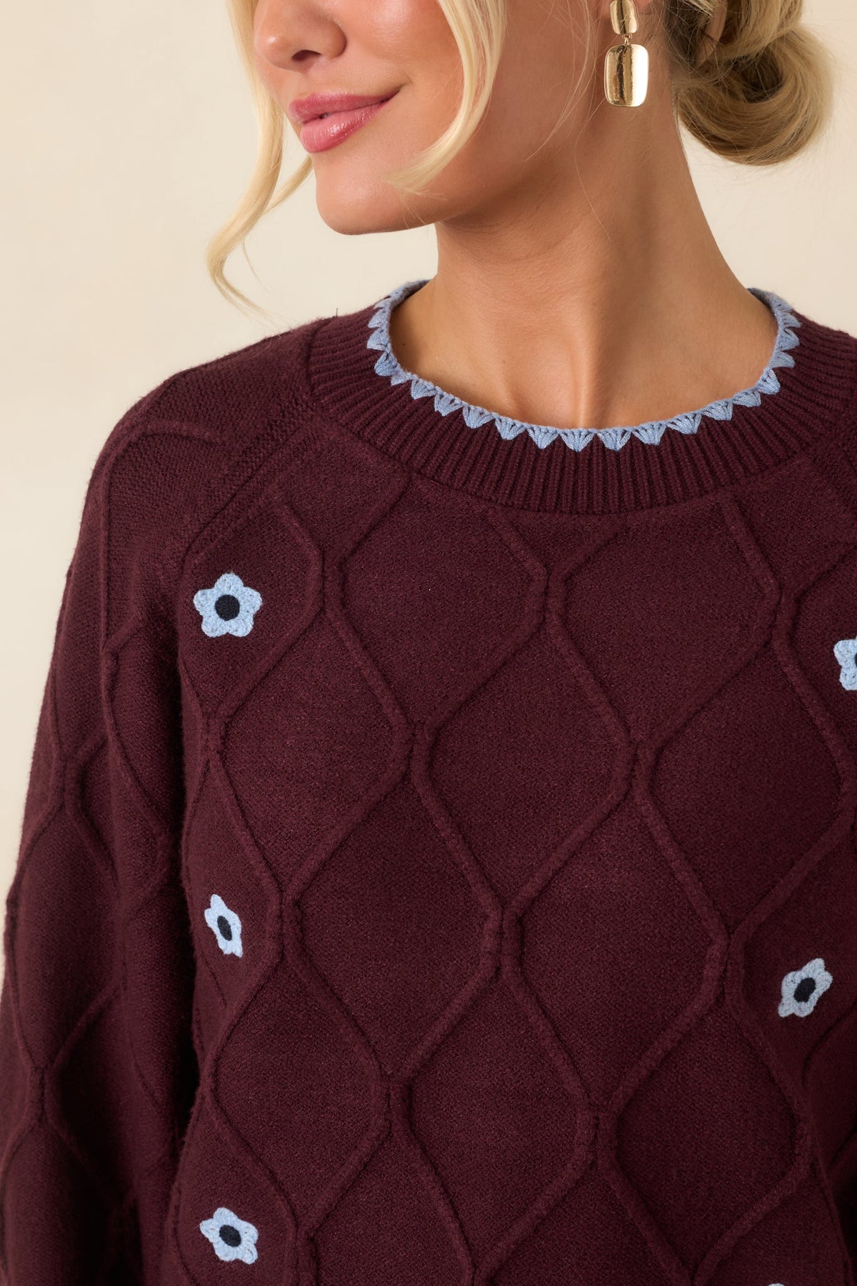 In Blooming Detail Burgundy Floral Textured Sweater