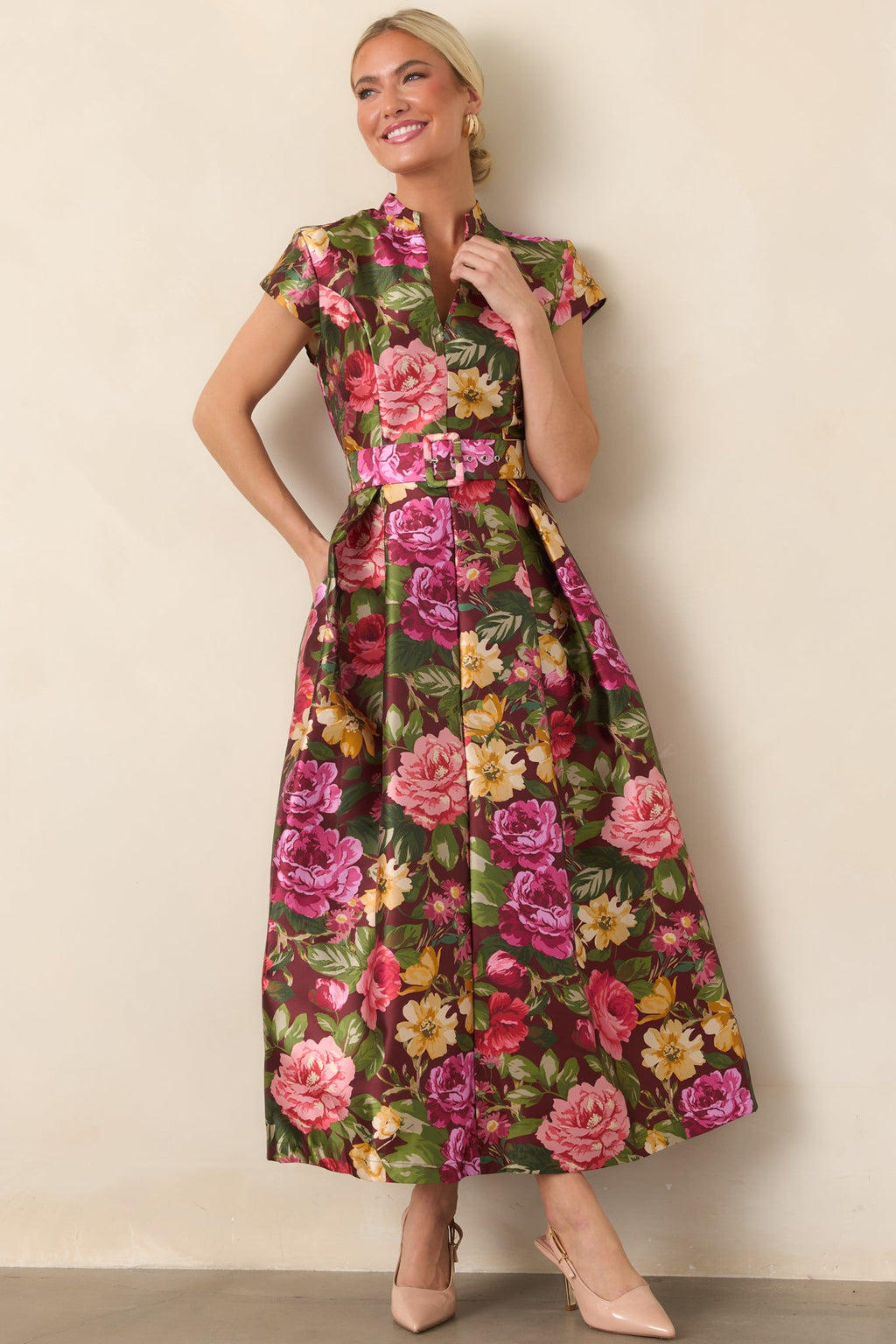 Living Beautifully Burgundy Multi Floral Belted Maxi Dress