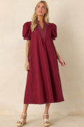 She Makes a Strong Point Burgundy Contrast Stitch Cotton Midi Dress