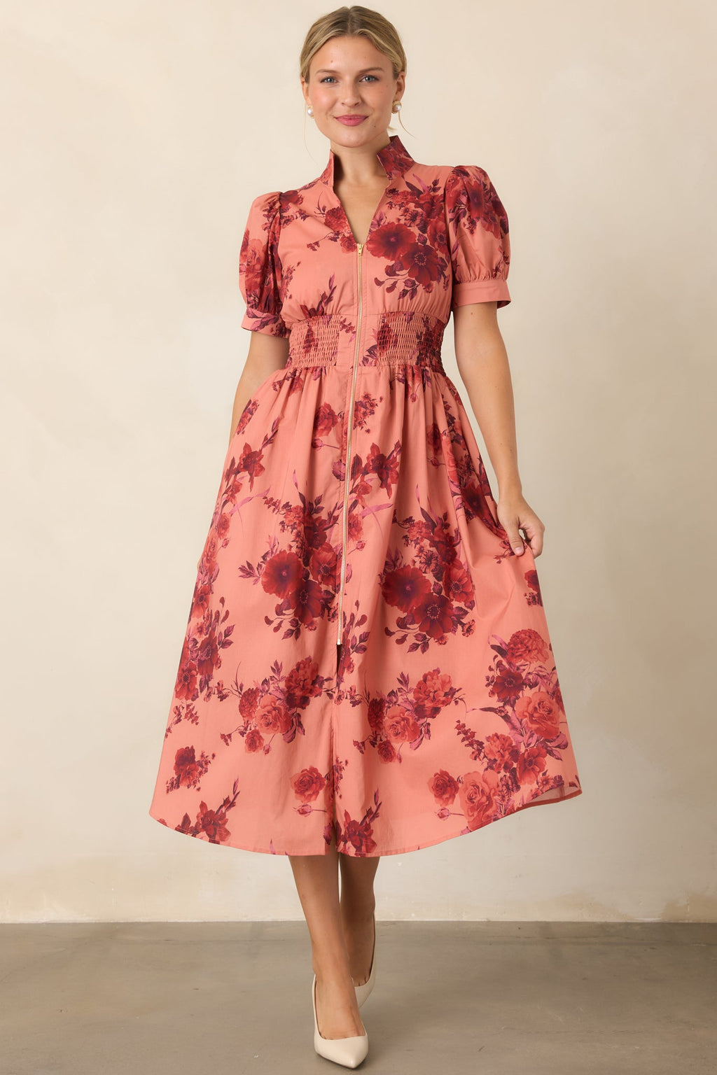 Full of Possibility Coral & Burgundy Floral Cotton Zip Front Midi Dress