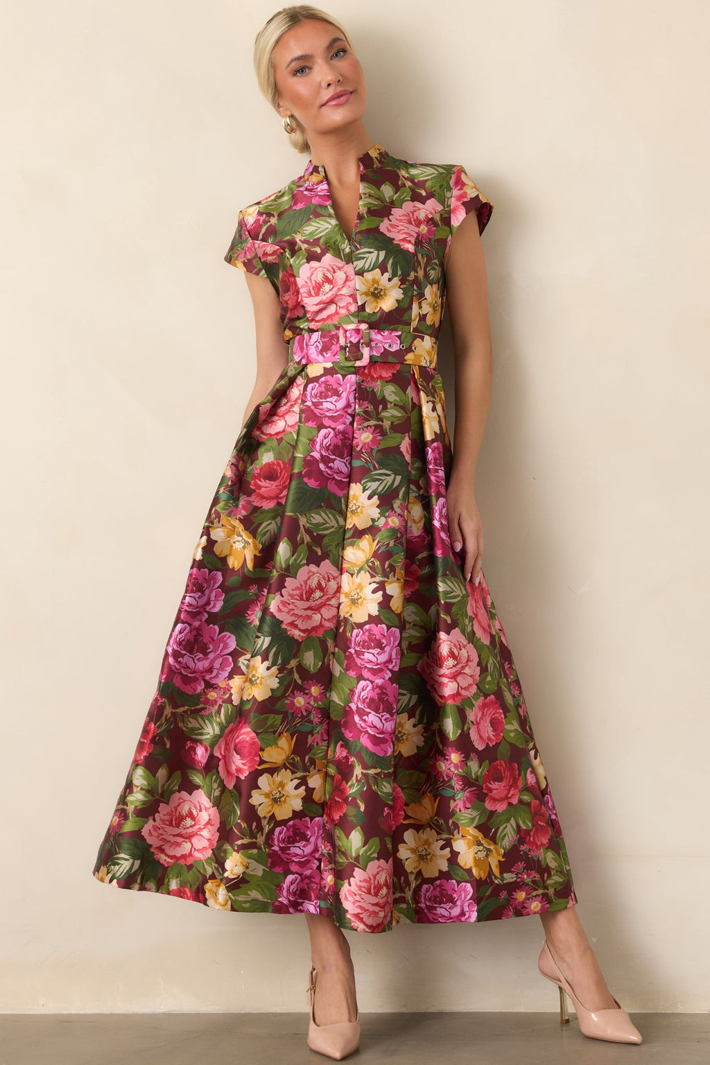 Living Beautifully Burgundy Multi Floral Belted Maxi Dress