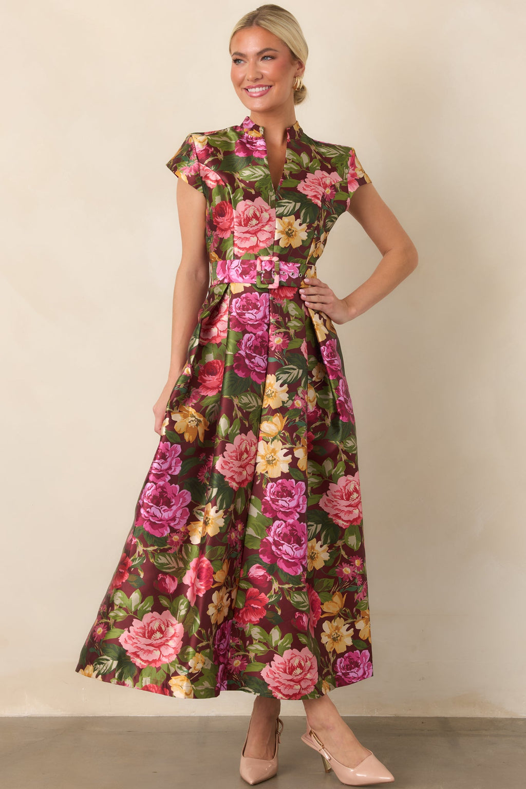 Living Beautifully Burgundy Multi Floral Belted Maxi Dress