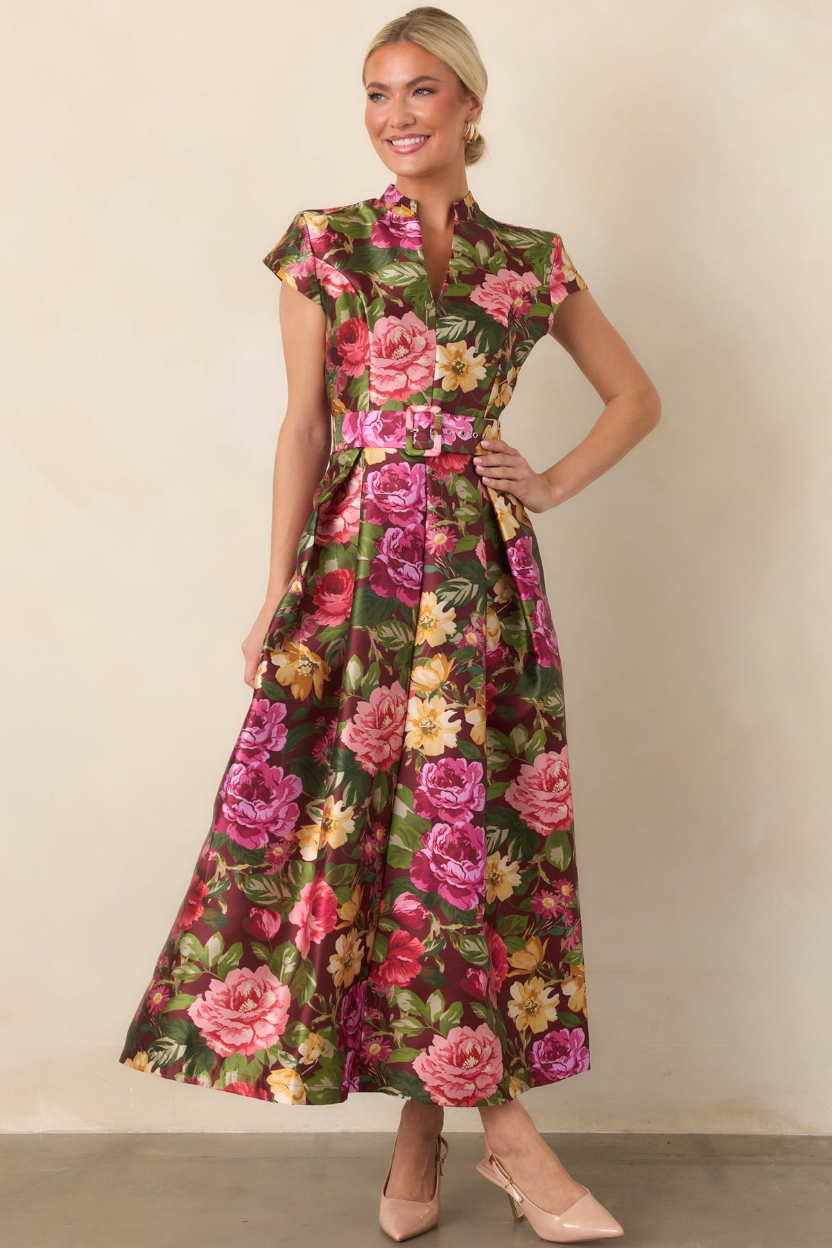 Living Beautifully Burgundy Multi Floral Belted Maxi Dress