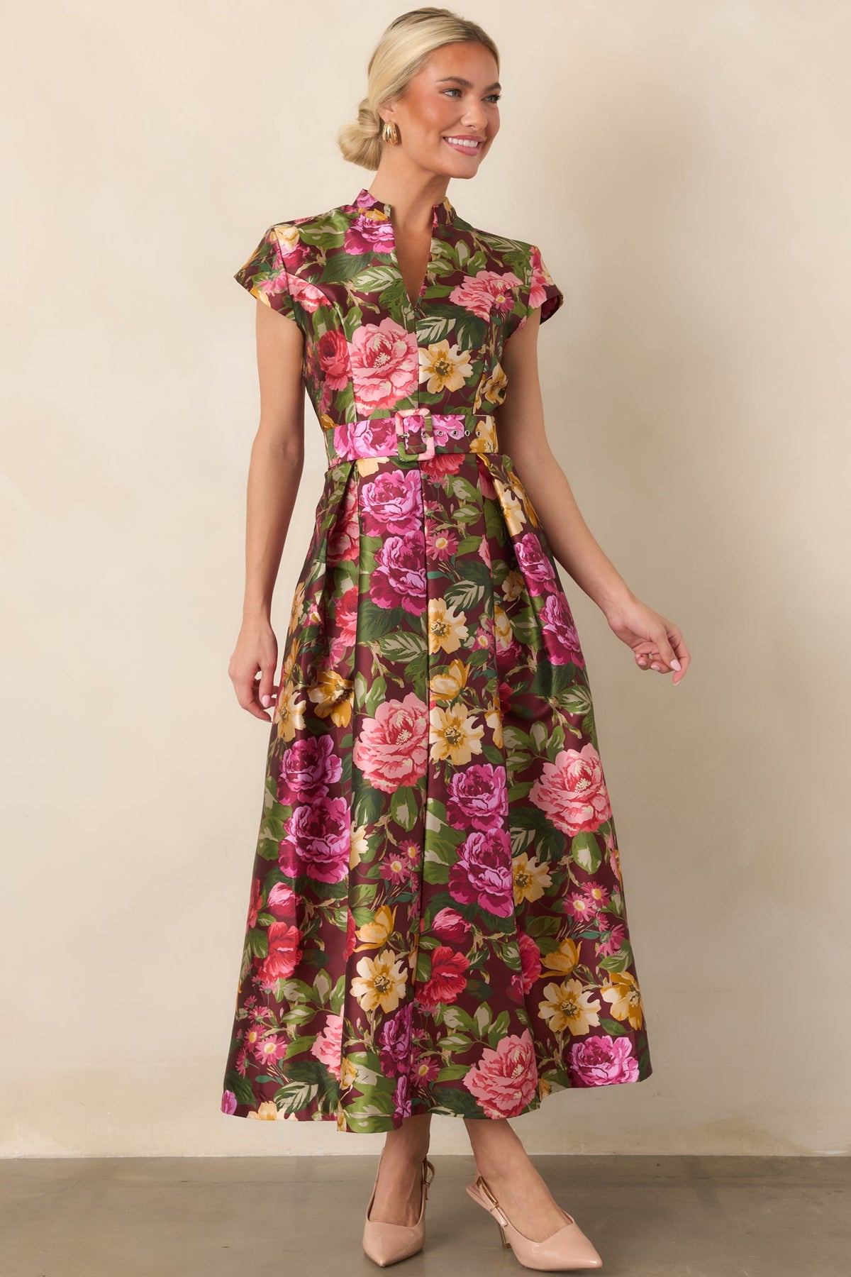 Living Beautifully Burgundy Multi Floral Belted Maxi Dress