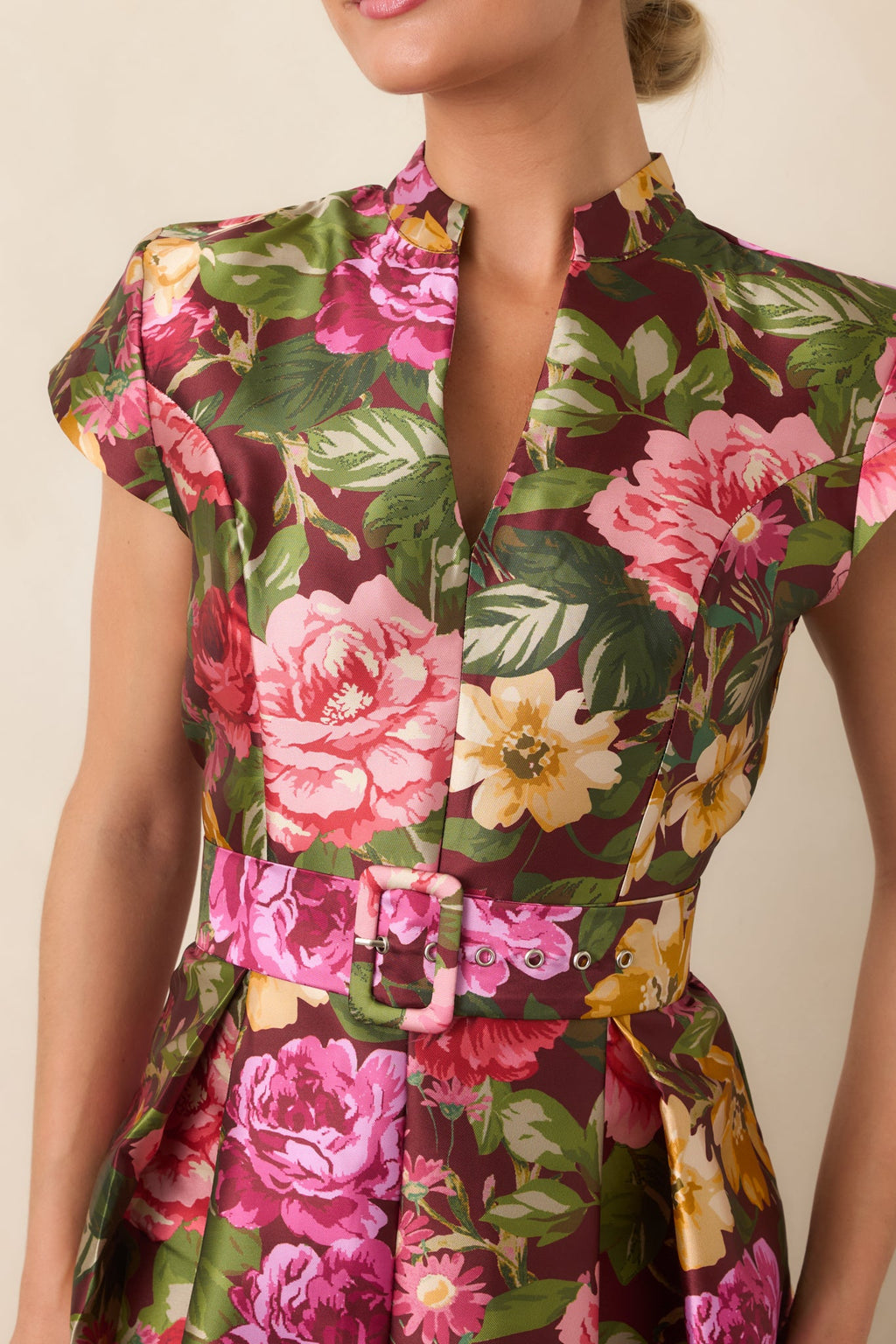 Living Beautifully Burgundy Multi Floral Belted Maxi Dress