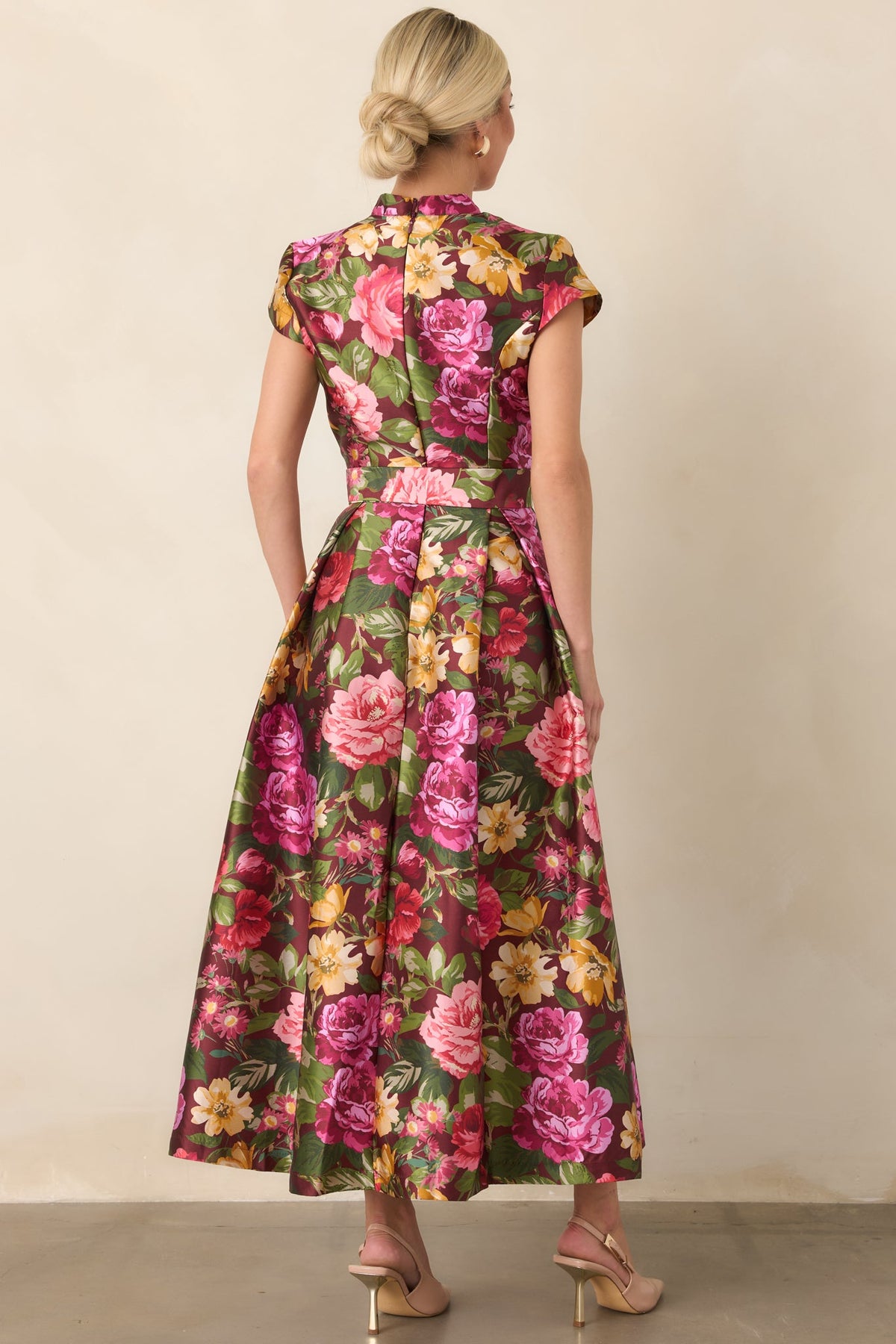 Living Beautifully Burgundy Multi Floral Belted Maxi Dress