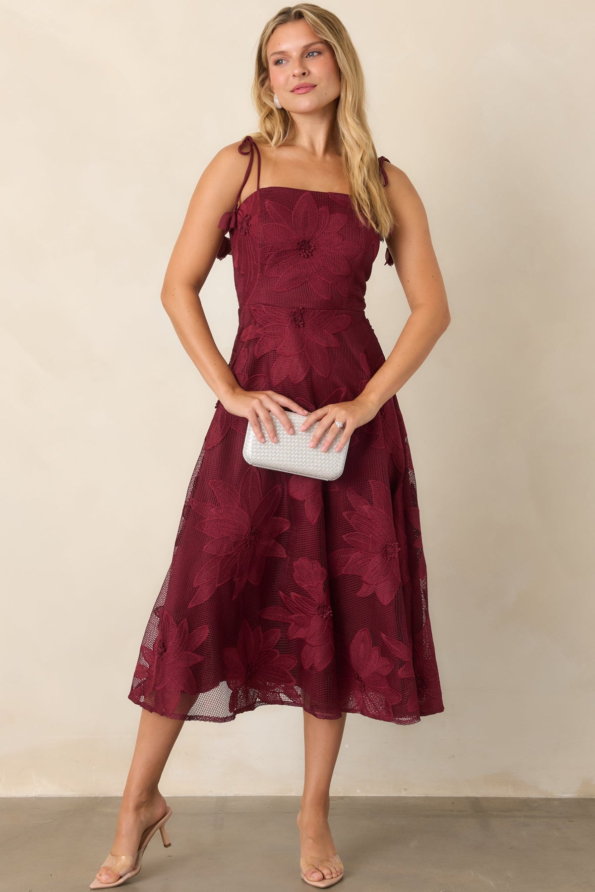Blooming With Charisma Burgundy Floral Lace Tie Strap Midi Dress