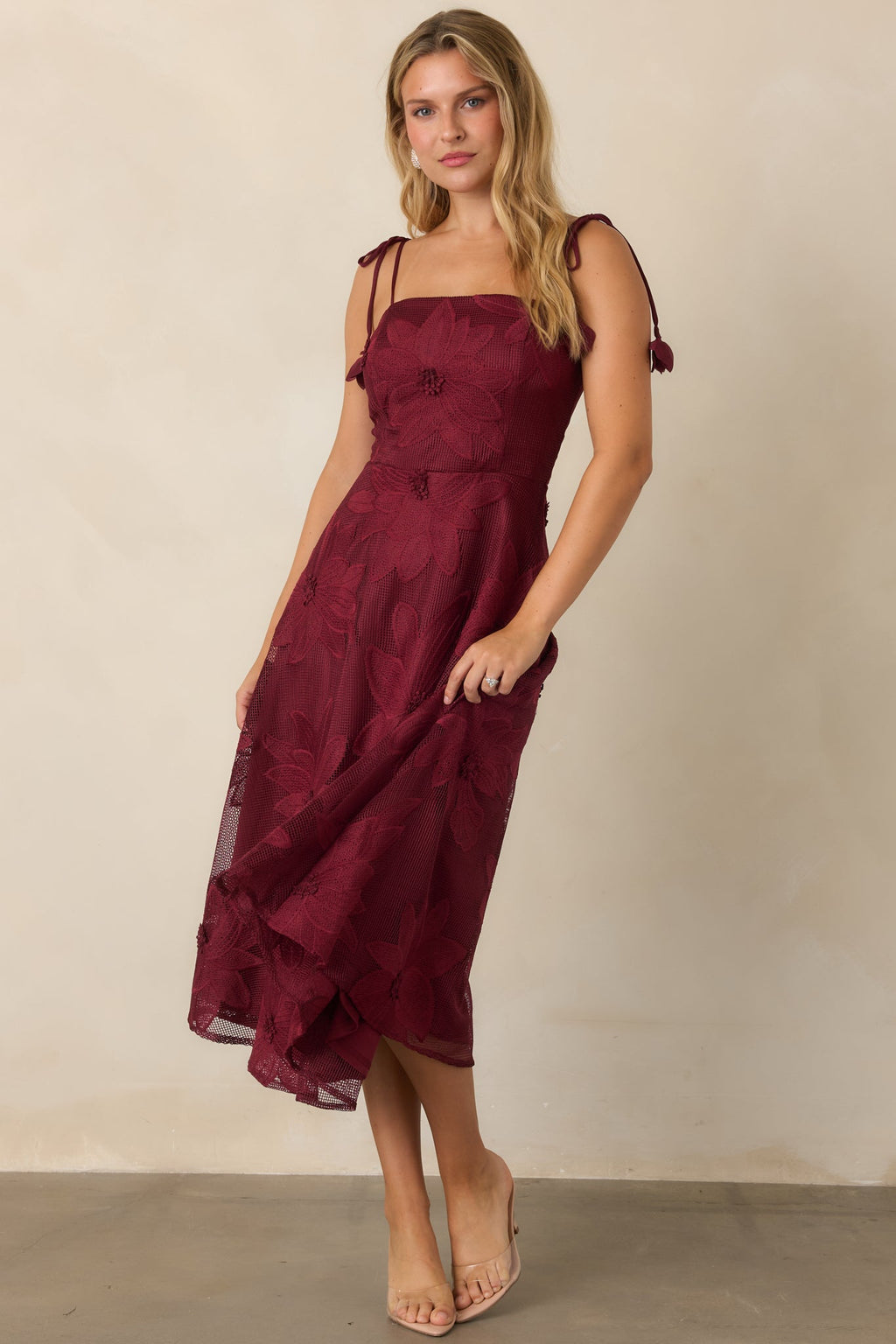 Blooming With Charisma Burgundy Floral Lace Tie Strap Midi Dress