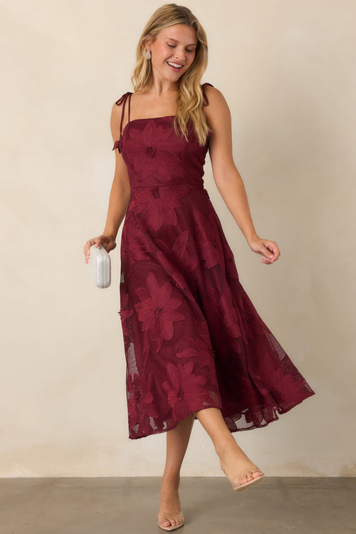 Blooming With Charisma Burgundy Floral Lace Tie Strap Midi Dress