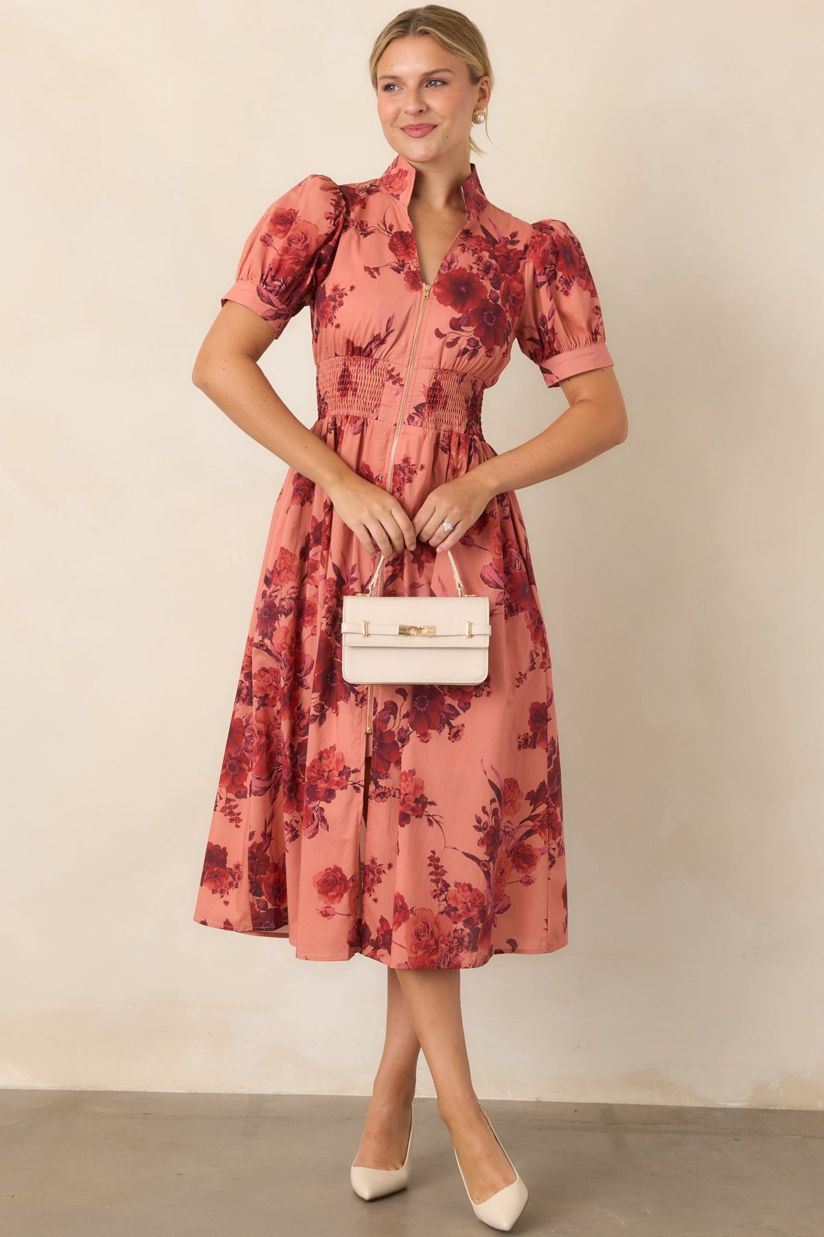 Full of Possibility Coral & Burgundy Floral Cotton Zip Front Midi Dress