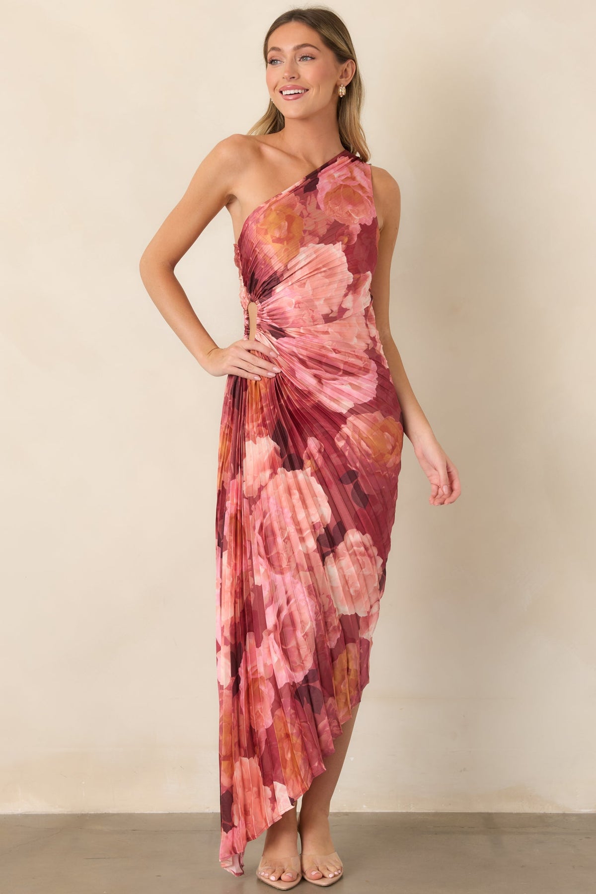 Poetic Charm Pink Floral One Shoulder Pleated Satin Maxi Dress
