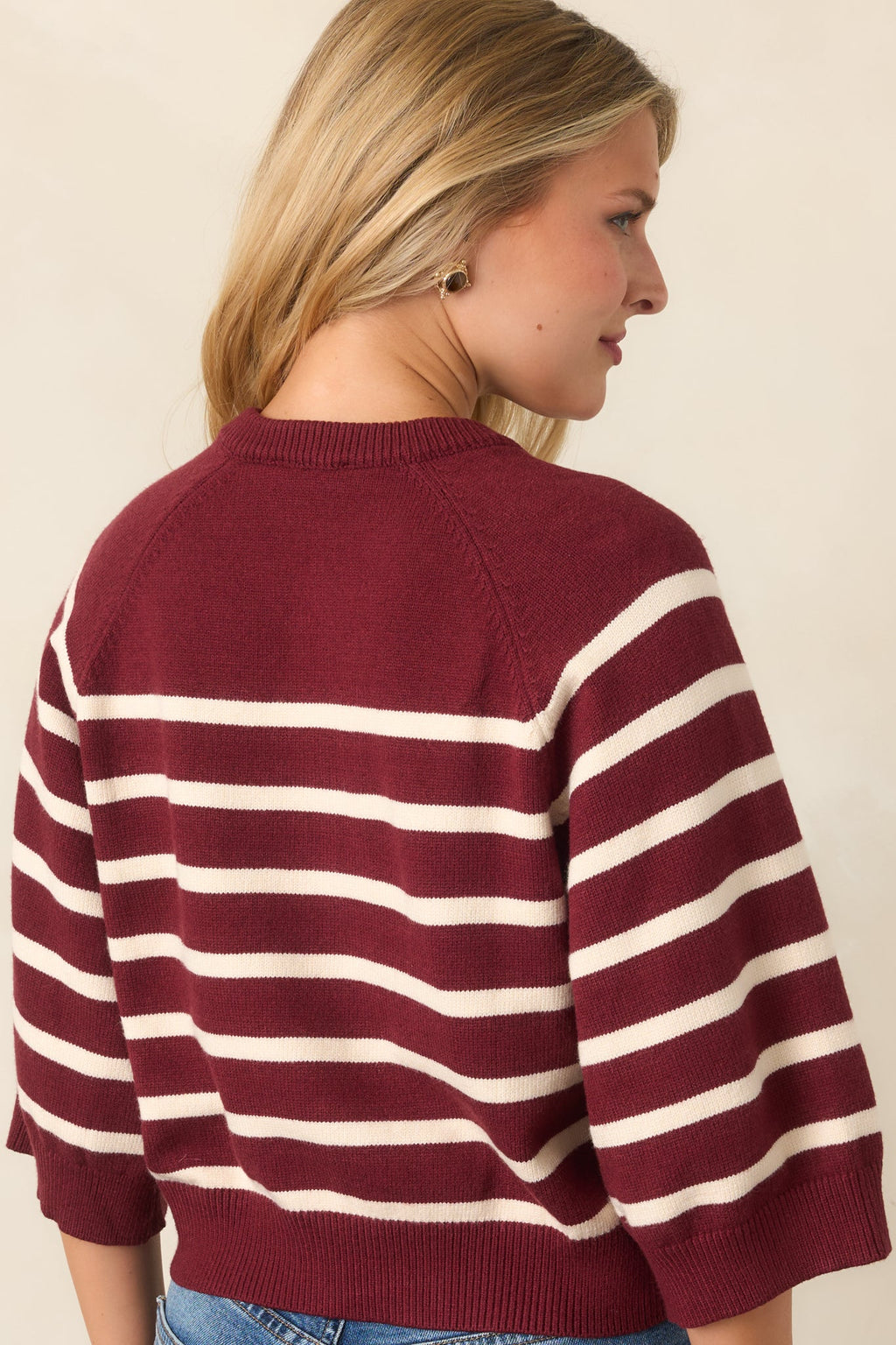 Right in Line Burgundy & Ivory Striped Henley Knit Sweater