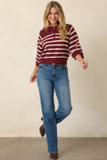 Right in Line Burgundy & Ivory Striped Henley Knit Sweater