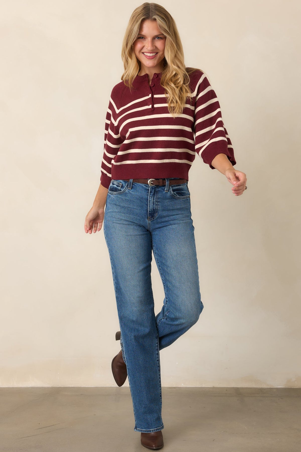 Right in Line Burgundy & Ivory Striped Henley Knit Sweater