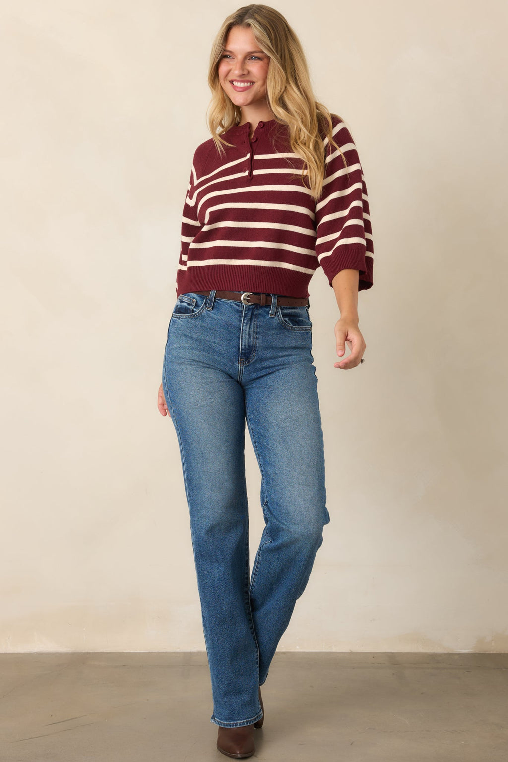 Right in Line Burgundy & Ivory Striped Henley Knit Sweater