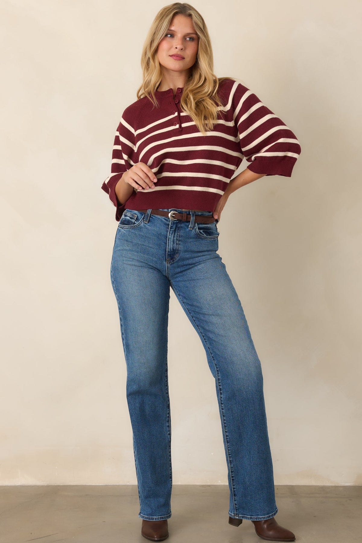 Right in Line Burgundy & Ivory Striped Henley Knit Sweater