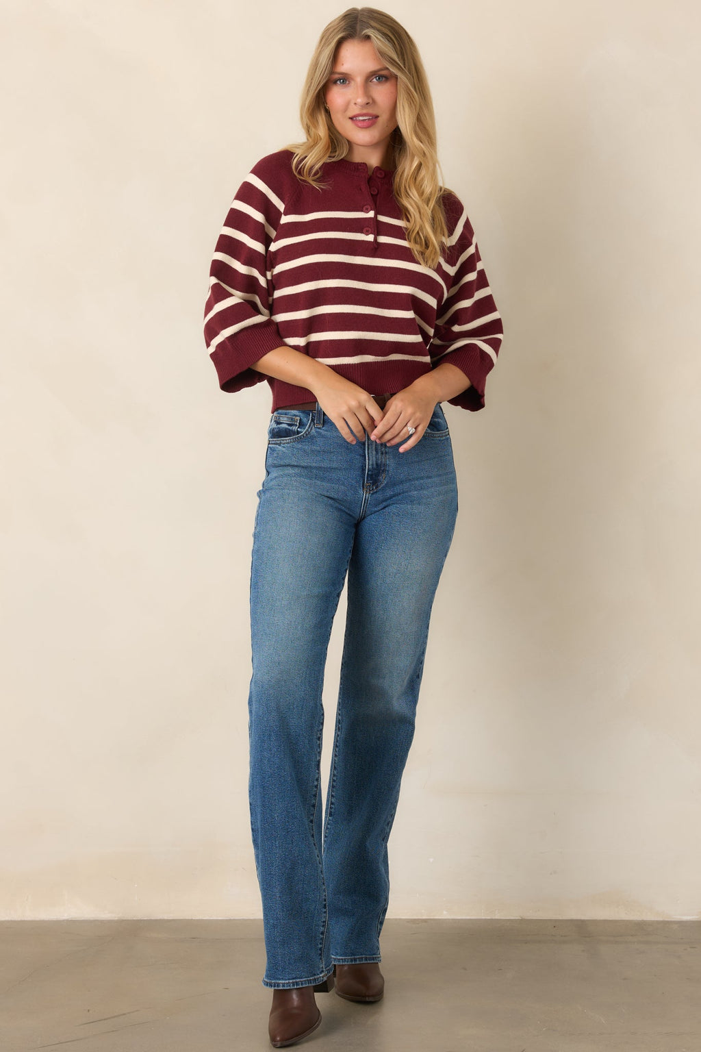 Right in Line Burgundy & Ivory Striped Henley Knit Sweater